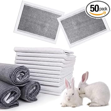 kathson Rabbit Pee Pads Disposable Cage Liners 50PCS All-Absorb Black Carbon Odor-Control Bunny Training Accessories with Quick-Dry Surface for Puppy Guinea Pig Kitten Hedgehog Small Animals