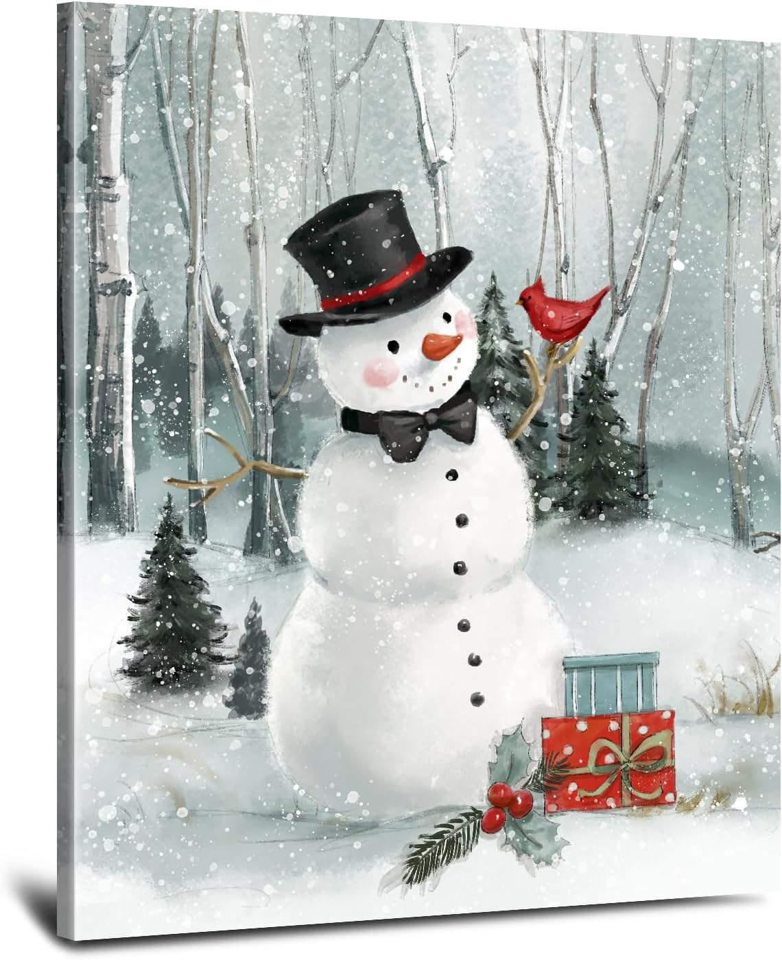 HLJ ART Winter Snowman Canvas Art: Farmhouse Christmas Wall Art Snowman Picture Winter Scene Xmas Wall Art Hanging Holiday Posters Indoor Bedroom Decorations 16"X20" 16"L x 20"W Winter Snowman