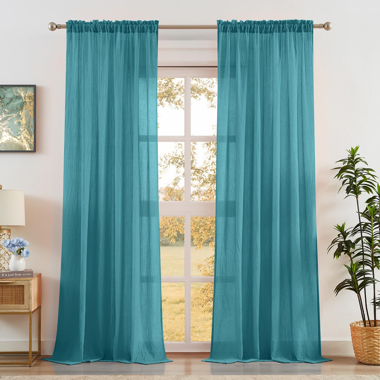 Anpark Teal Sheer Curtains 63 Inch Length for Bedroom Living Room, Light Filtering Cotton Linen Semi Sheer Curtains Natural Farmhouse Privacy Voile Drapes Rod Pocket, W52 x L63 in, 2 Panels โ image 1