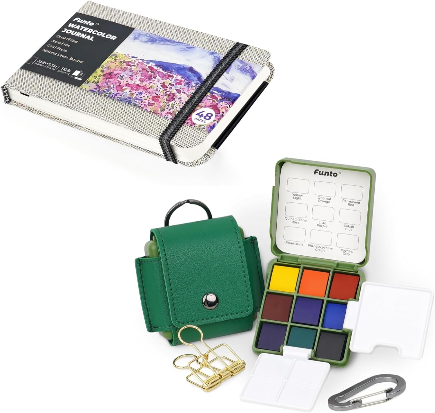 Funto Watercolor Artist Bundle, Pocket Watercolor Set, and 3.5"x5.5", 48 Pages Cold-Press Watercolor Journal with Inner Pocket and Elastic Band, Travel Sketch Kit, and Art Supplies for Mixed Media