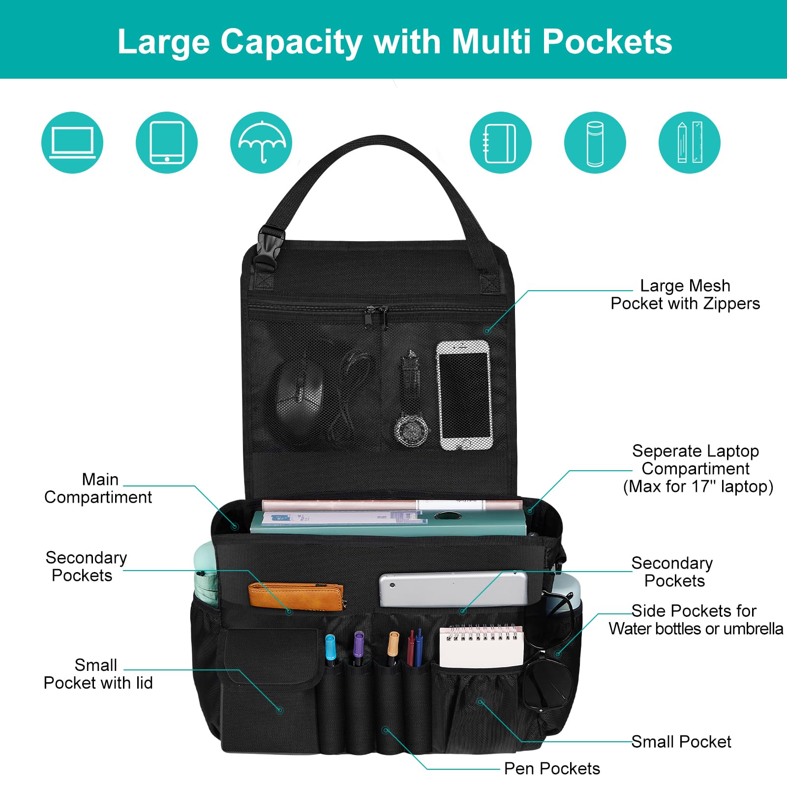 Eurhomewit Organisateur Voiture 2 in 1 Sac pour Ordinateur Portable, Rangement Siege Voiture, Noir