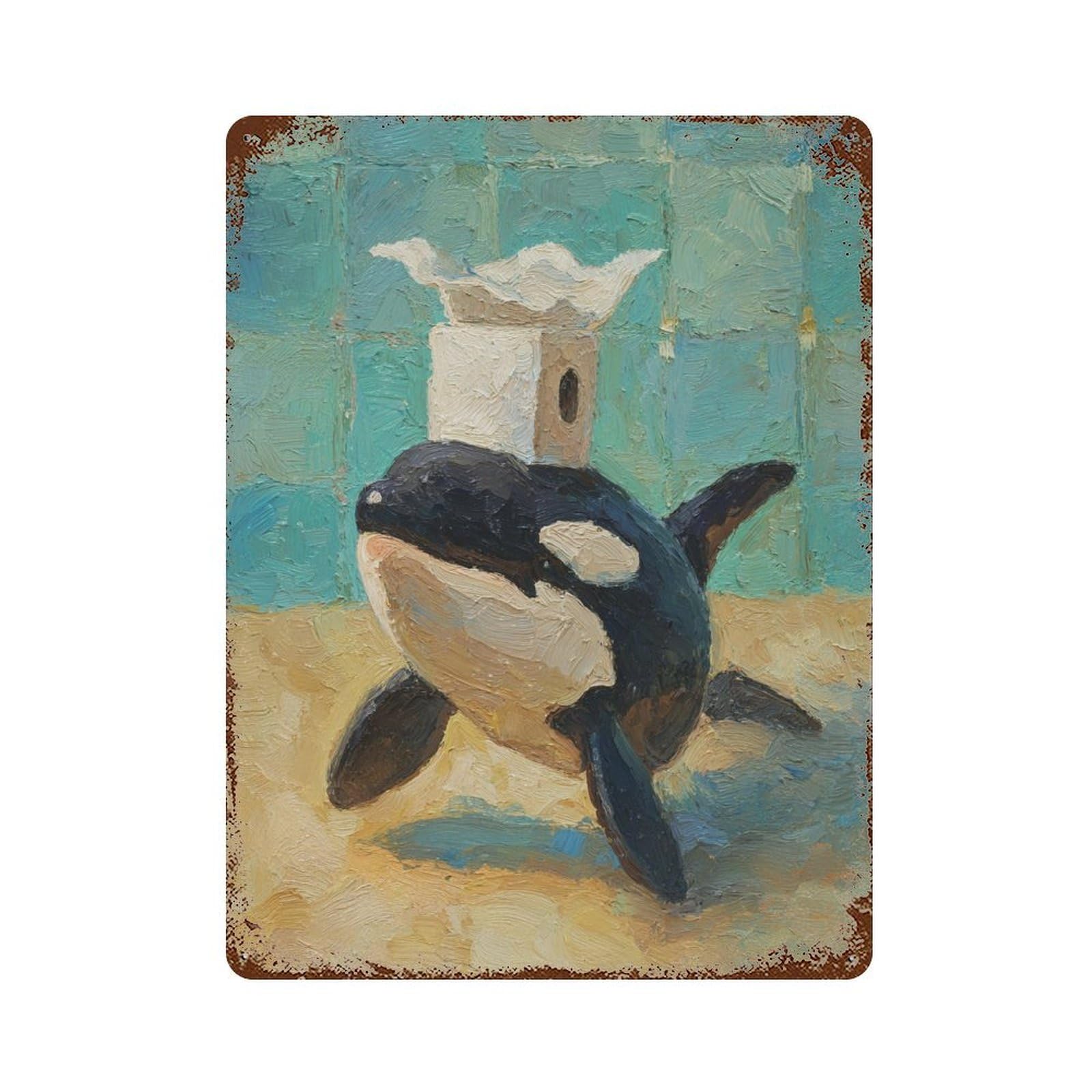 Orca Whale Bath Toy Rusty Metal Tin Sign 15.7"x11.8", Ideal for Patio, Garden Room And Bar Decor