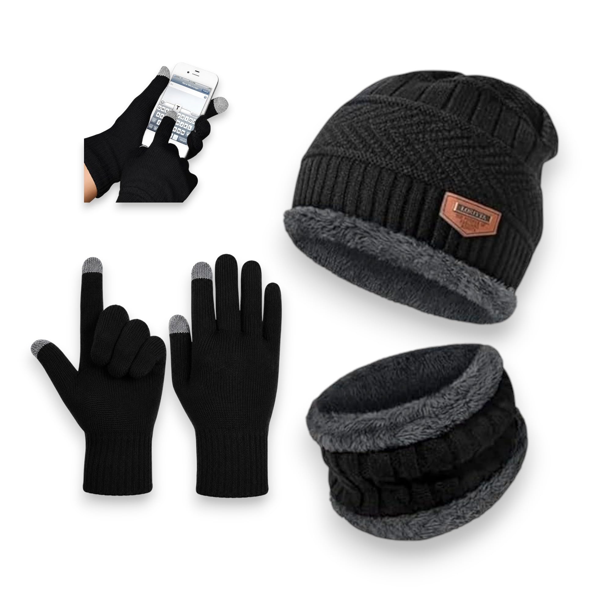 kosia Winter Woolen Beanie Cap with Fleece Neck Warmer Combo for Men & Women with Touch Gloves| Soft Knit Thermal Skull Cap | Warm Winter Hat for Bike Riding, Snow & Cold Weather with Gloves| Black-picture-35