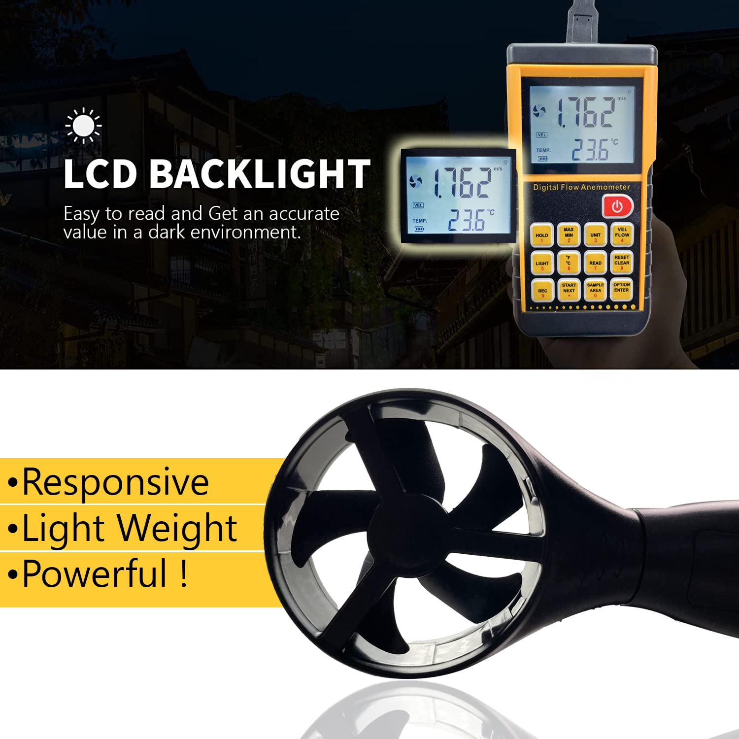 amiciSense Digital Anemometer, Split-Type Wind Speed Meter with Max/Min/Avg and Data Record Function - Image 3 thumbnail