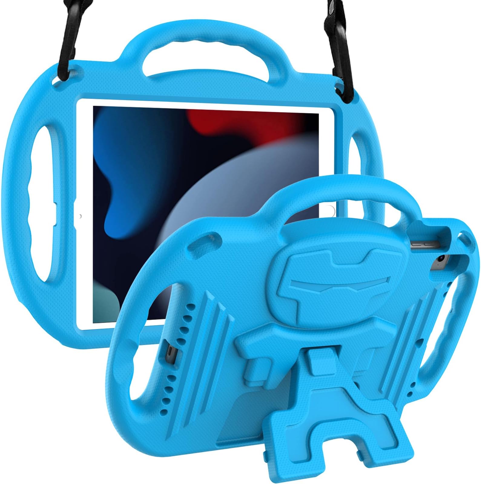 LTROP Kids Case for iPad 9th/8th/7th Generation 10.2 Inch with Shoulder Strap, Shockproof Lightweight Handle Stand Child Bumper Case, Blue