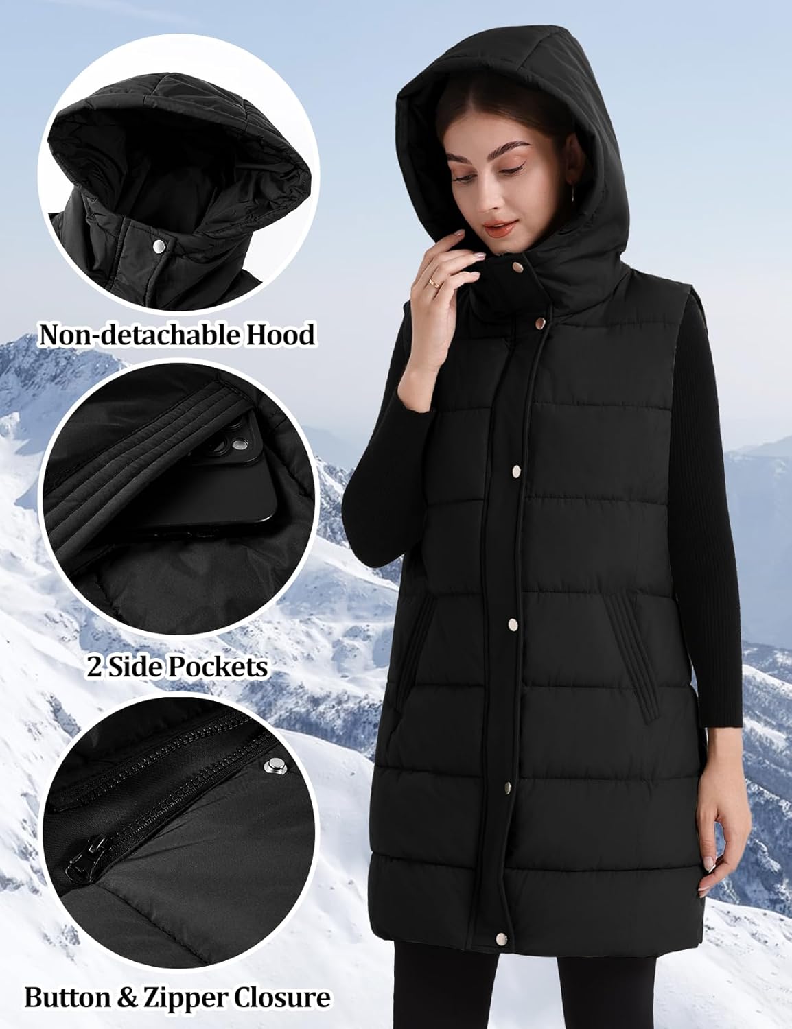 Flygo Long Puffer Vest Women Hooded Sleeveless Winter Jacket Button Zip Up Quilted Vest Padded Outerwear - Image 5