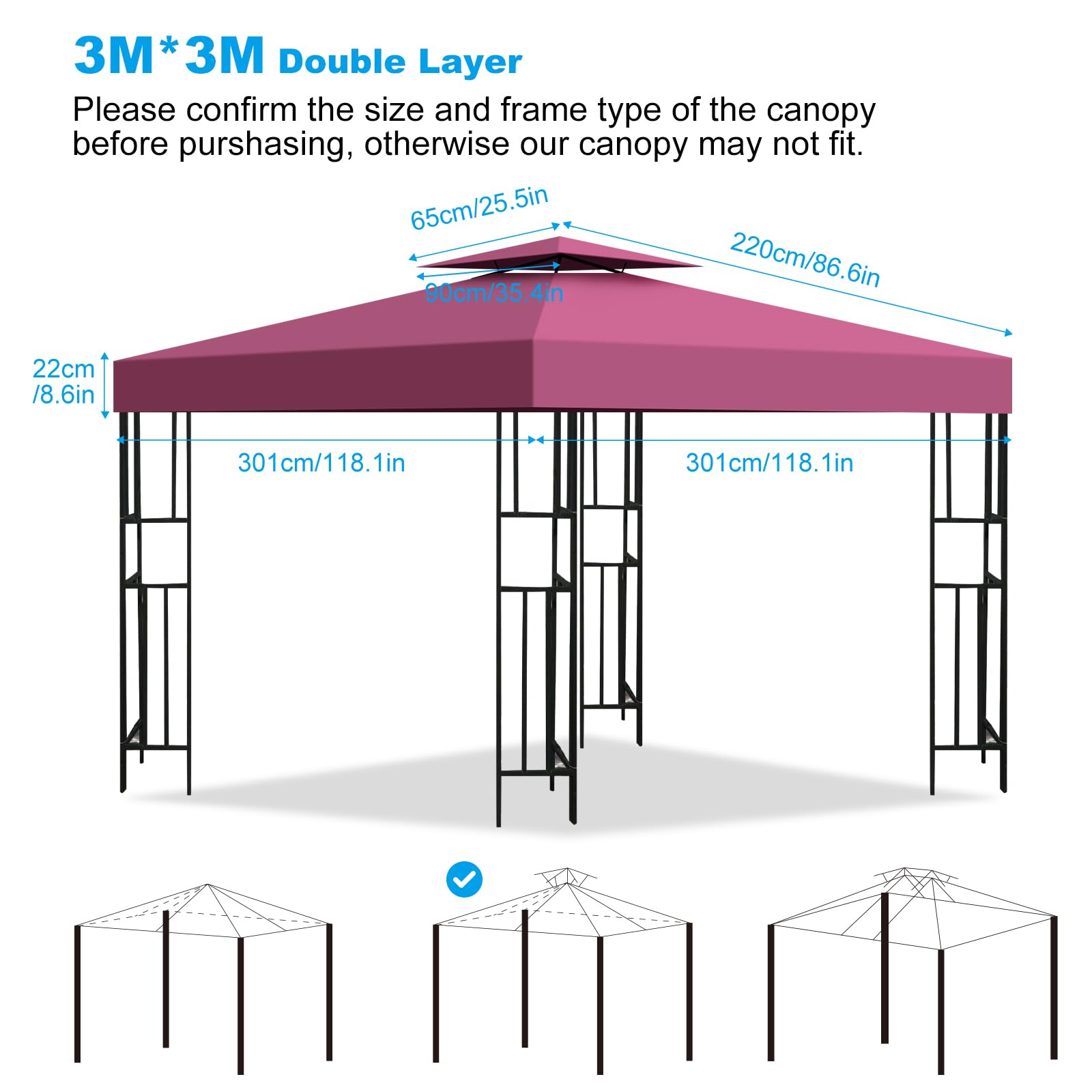 Toldo Recambio Pergola 3x3 m, Techo de Repuesto con Ventilación para Cenador de Jardín, Cubierta Amovible Lona Impermeable con Protección UV para Barbacoa, Bodas, Fiestas y Camping