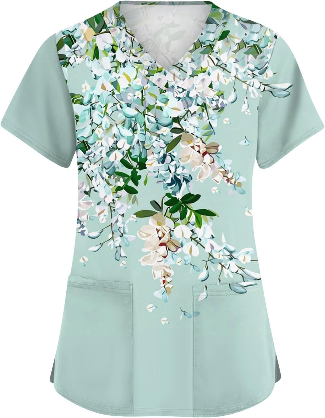 Womens Scrubs Plus Size Stretch Scrub Tops Floral Printed Nurse Shirt V Neck Short Sleeve Nurse Uniform with Pockets