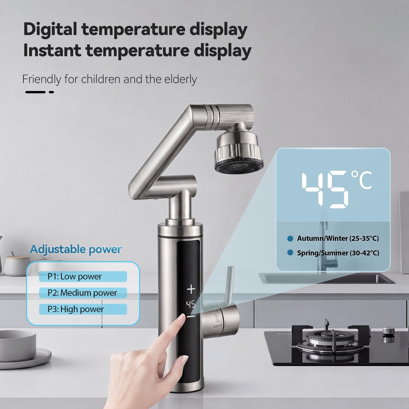 Wasserhahn mit Durchlauferhitzer, Warmwasserhahn Dlektrisch, Elektrischer Heiß- und Kaltmischer Wasserheizhahn mit digitaler Anzeige, 230 V Edelstahl Wasserhahn mit 360° drehbarem (Sliver)
