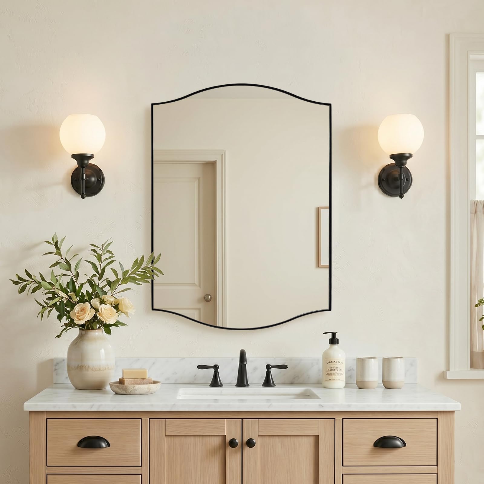 ANDY STAR Black Bathroom Mirror, 22"x30" Scalloped Wall Mirror in Stainless Steel Metal Frame, Unique Vanity Mirror with Modern Curved Edge Design, Ideal for Bathroom, Bedroom, Entryway