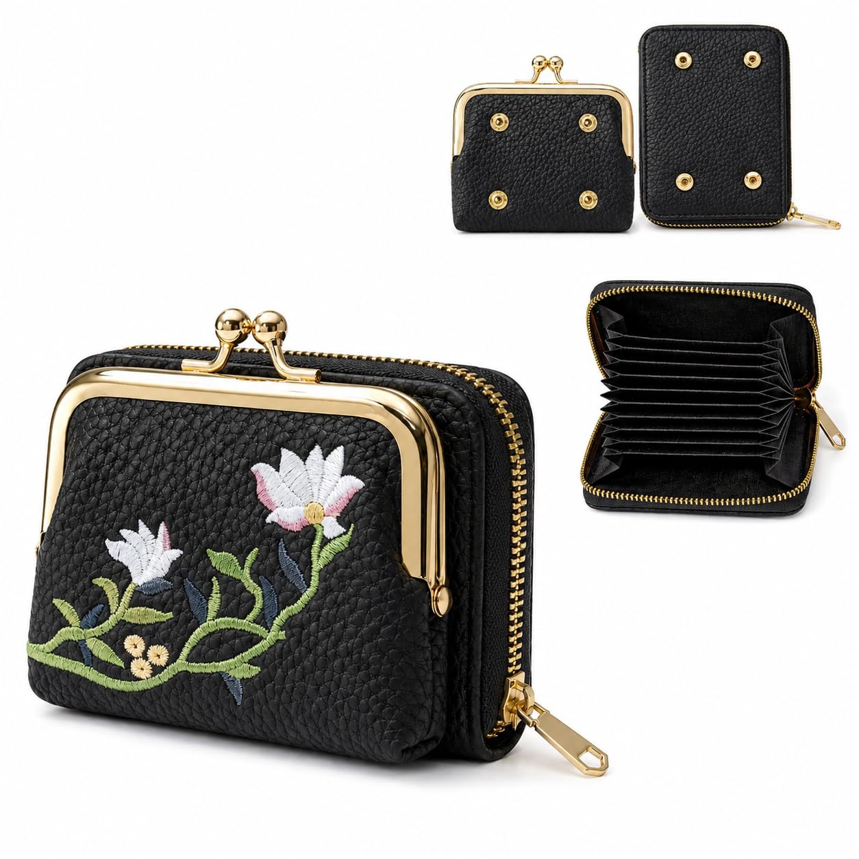 Women's PU Leather Zip Around Wallet with Detachable Kiss Lock Coin Purse, Credit Card Holder, RFID Style Compact Wallet with Multiple Card Slots, Travel Wallet for Women (Black)-image-34