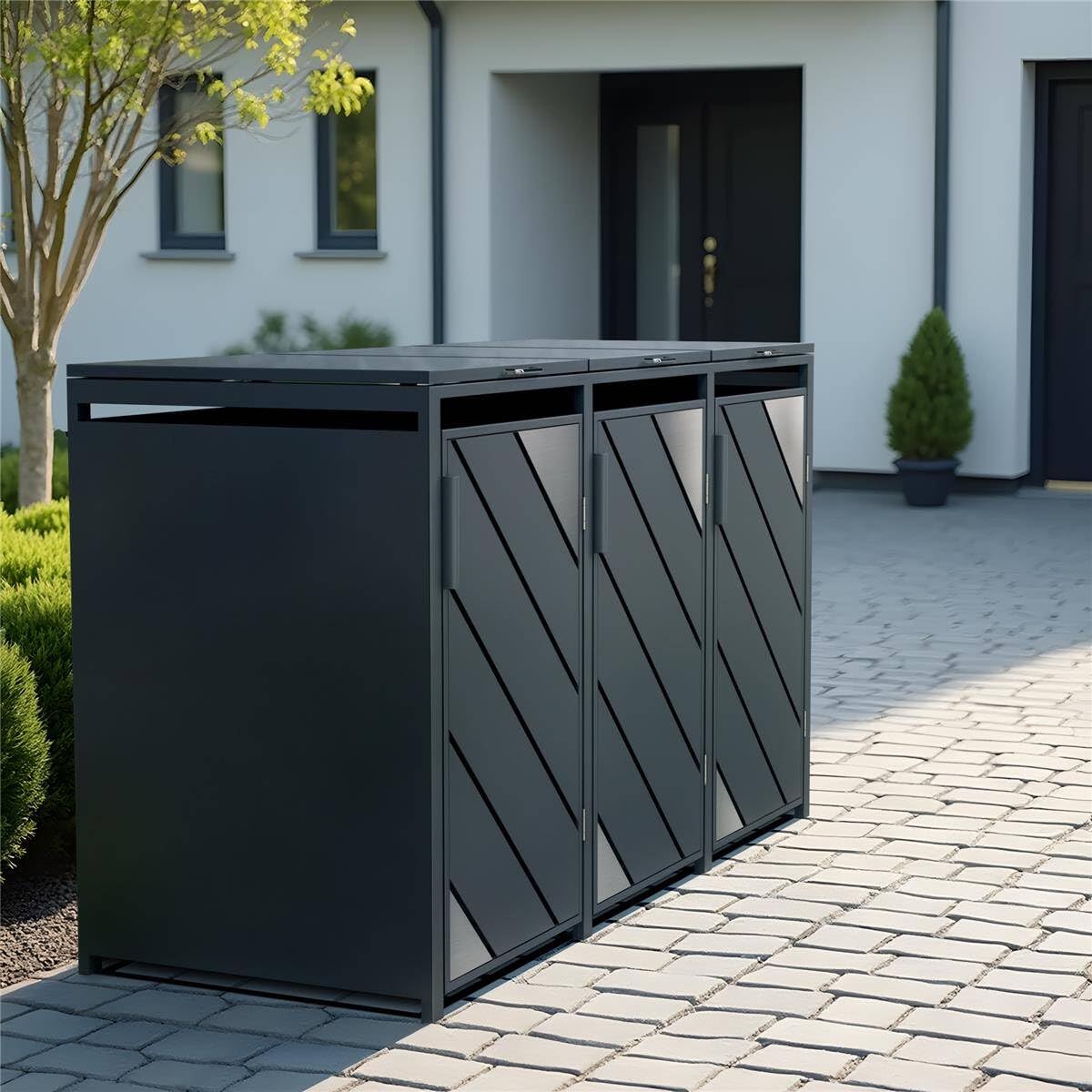 Metzler Mülltonnenbox 3er 240L Anthrazit mit Edelstahl Akzenten | Mülltonnenverkleidung für 3 Tonnen aus verzinktem Stahl | wetterfest mit Automatikdeckel und Soft Close