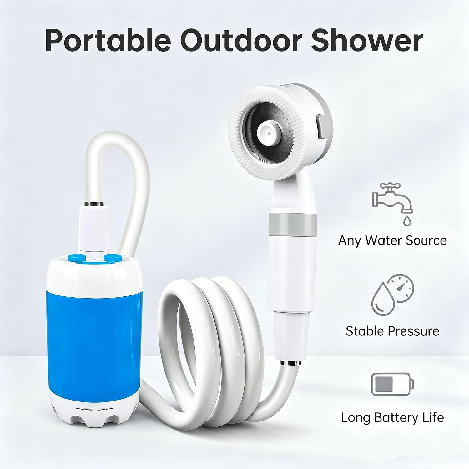 Portable Shower, USB Rechargeable Camping Shower Pump with Adjustable Pressure Head for Camping, Beach, Pet Bath, Car Wash, Garden & Travel Emergency