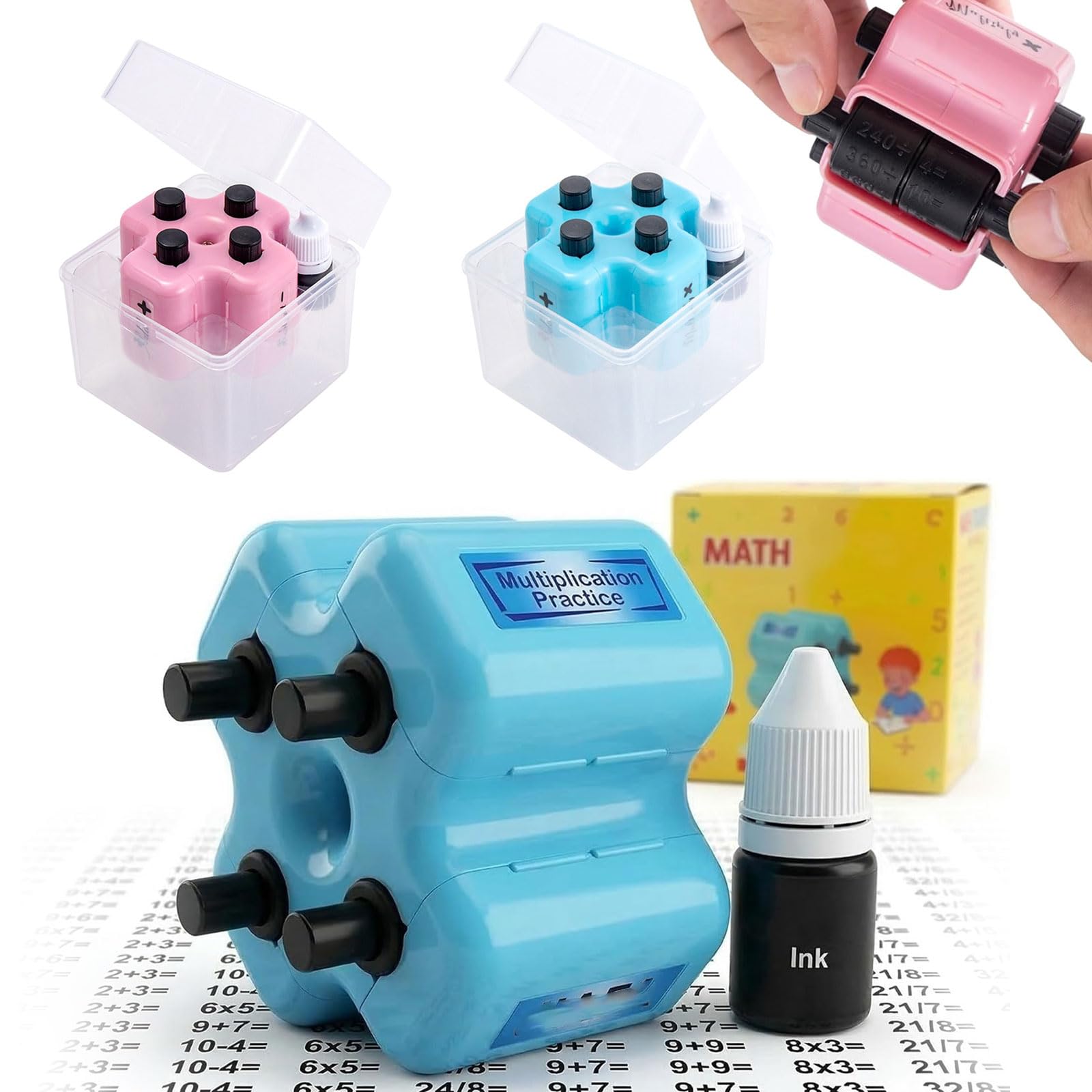 4 in 1 Math Roller Stamp Set, Magic Stamp Maths, Upgraded Randomized Digital Roller Stamp, Addition, Subtraction, Multiplication & Fill-in-The-Blank Practice Tool for Kids Preschool Learning (Pink)