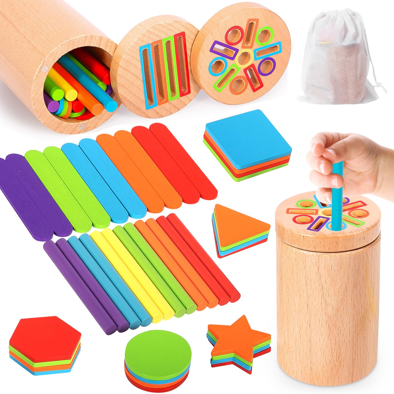 TEBOKHAD Kids Toys 1 2 3 Years,3 In 1 Montessori Toys 2 Years,Educational Toys Stacking And Fit 1 2 3 Years,Sensory Games,Wooden Montessori Toy for Sorting Shapes And Colors