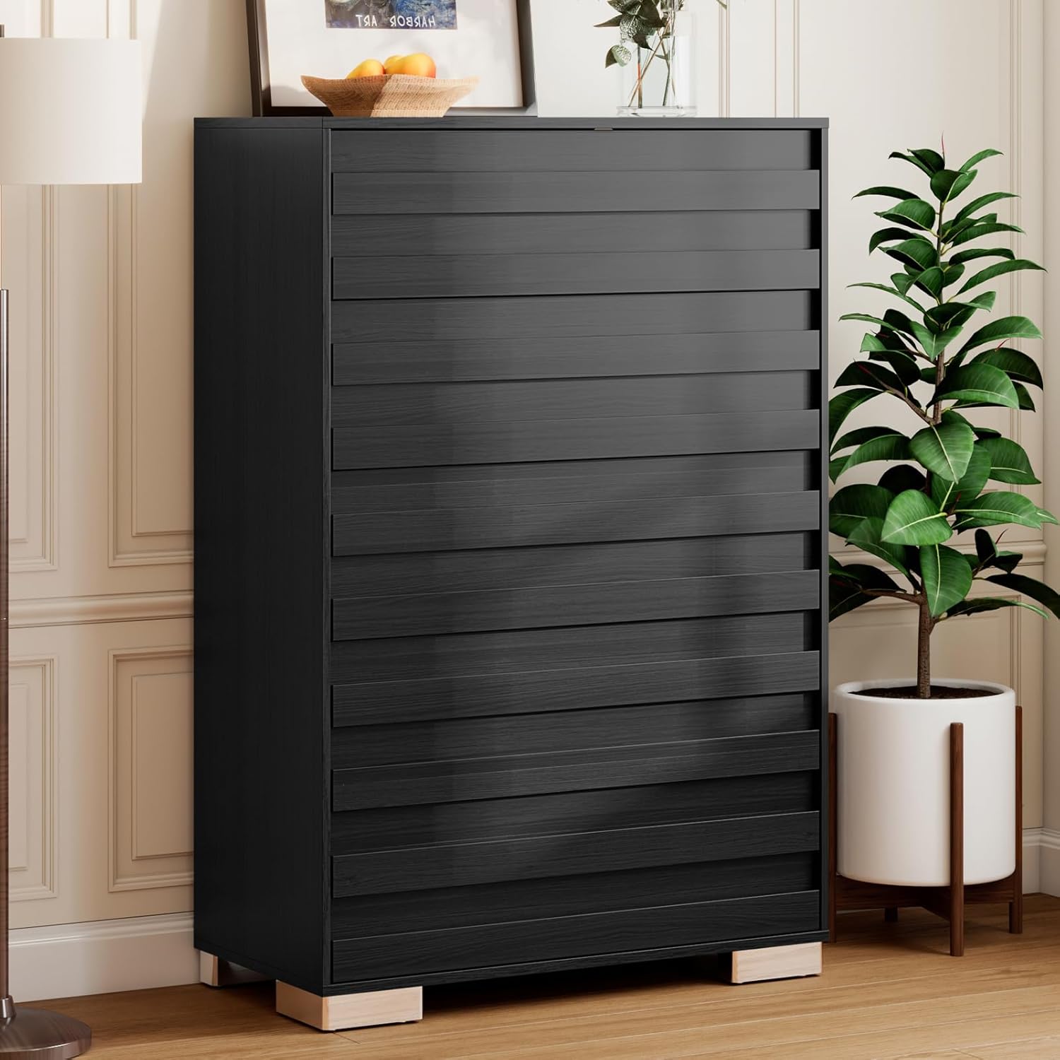 Albott Farmhouse 5 Drawers Dresser, Wooden Chest of Drawers for Bedroom, Tall Dressers Organizer with Hidden Handles for Living Room, Hallway, Entryway, Black