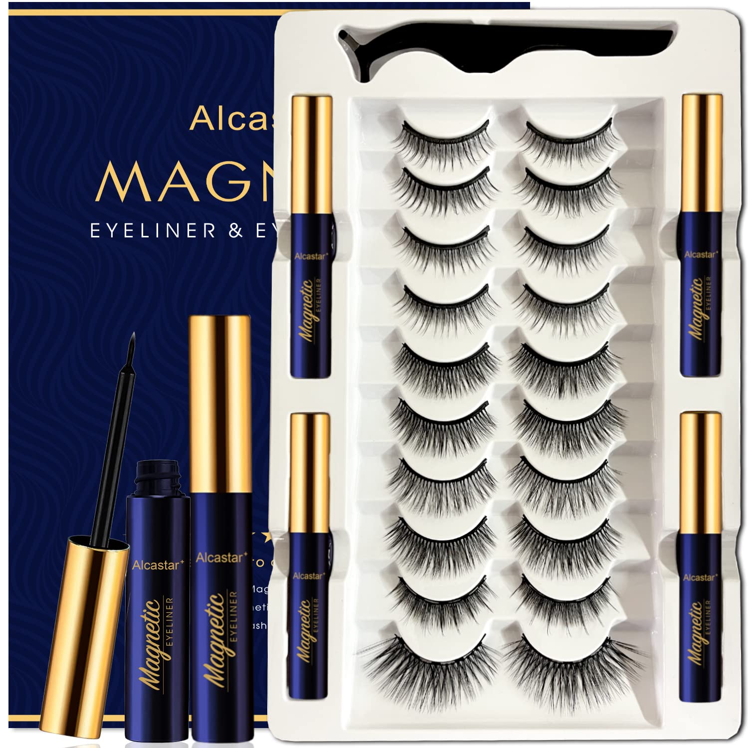 Alcastar Magnetic Eyelashes and Eyeliner Kit,Magnetic Lashes Natural Looking with Eyeliner,Eyelash With Applicator,Waterproof, Long Lasting,Cruelty Free (A+AC13-A5)