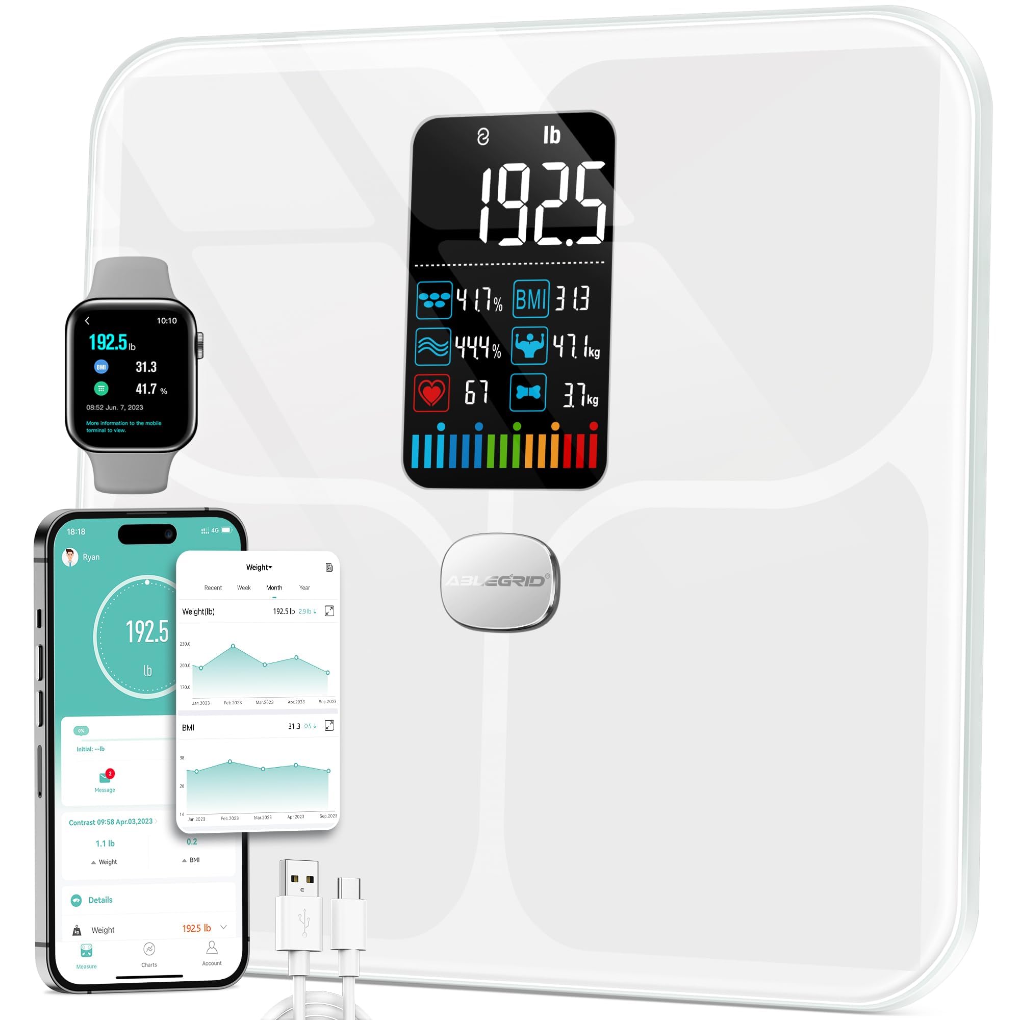 ABLEGRIDBody Fat Scale,Digital Smart Bathroom Scale for Body Weight, Large Color Display Screen, 16 Body Composition Metrics BMI, Water Weigh, Heart Rate, Baby Mode, 400lb, Rechargeable (White)Global Recycled StandardGlobal Recycled StandardGlobal Recycled Standard