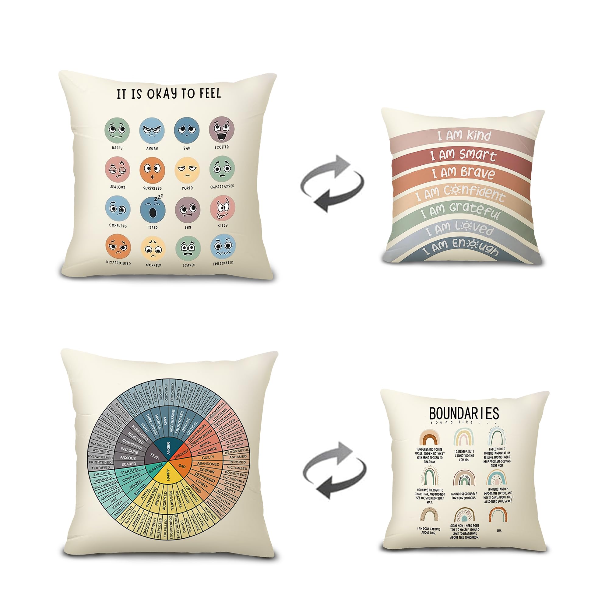 Feelings - Almohada de rueda de doble cara impresa con diferentes patrones de sentimientos, decoración de esquina de lectura, decoración de oficina de asesoramiento, 18 x 18 pulgadas (2,