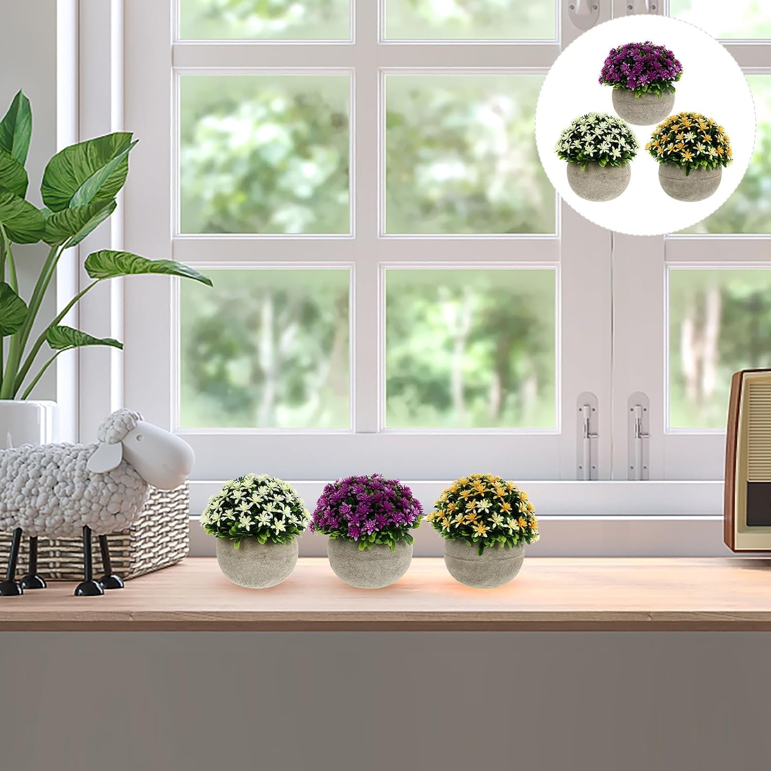 Uonlytech Biodegradable Pulp Faux Plant Pots 3pcs with Simulated Bonsai Greenery in Yellow, Purple, and White for Home and Office Decor