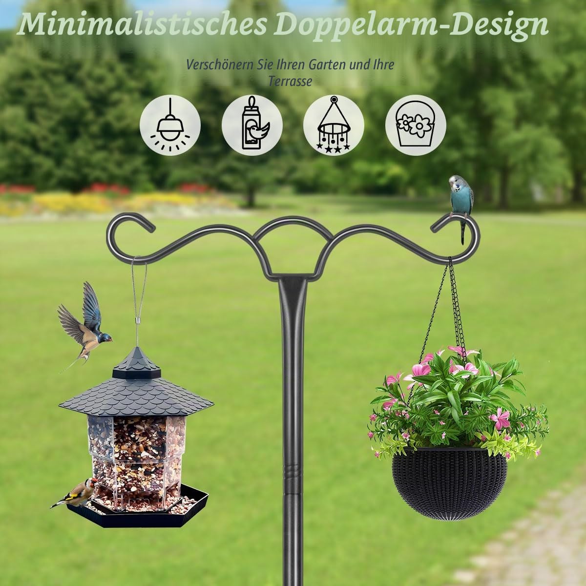 SEGNAYEN Vogelfutterspender zum Aufhängen, 197 cm, Metall, strapazierfähig, doppelte Schäferrote, gebogener Haken für Laternen, leicht, für Vögel, Garten
