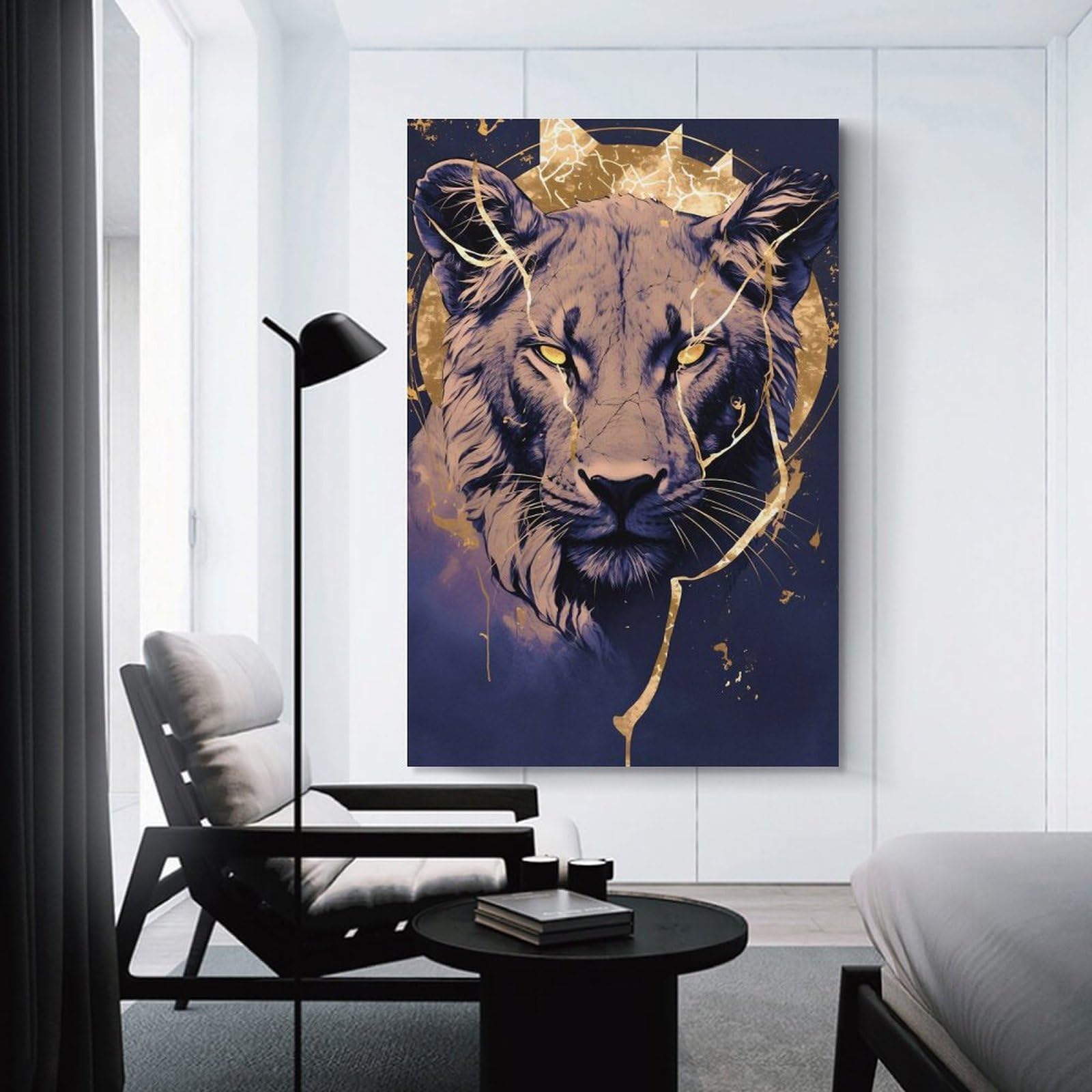 Junmoney Canvas Art Print Lioness Portrait with Golden Accents, 20x30inch(50x75cm), for Office, Study Or Home Workspace, Home Office Artwork with Decorative Appeal