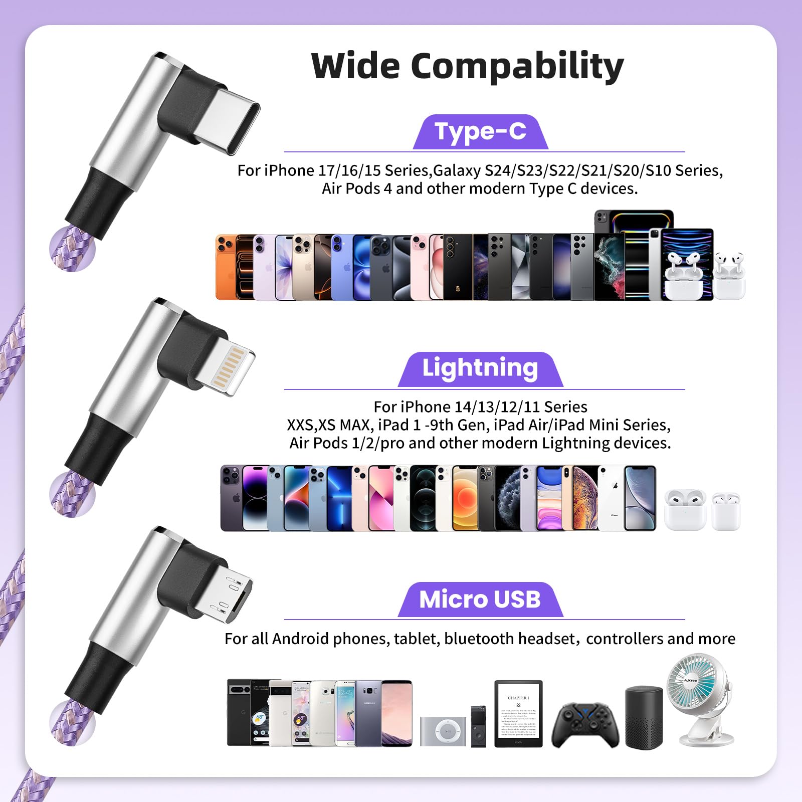 Cavo di ricarica multiplo a 90 gradi per gamer-friendly & Travel Essentials [2 confezioni da 1,5 m], cavo di ricarica 3 in 1 ad angolo retto con USB-A a USB C/IP/Micro USB, compatibile con iPhone