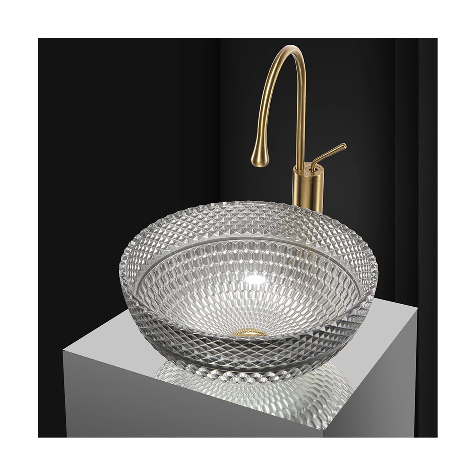 WOTZOV Bathroom Vessel Sink, Artistic Glass Basin With Gold Faucet And Pop-Up Drain, Round Above Counter Vanity Sink