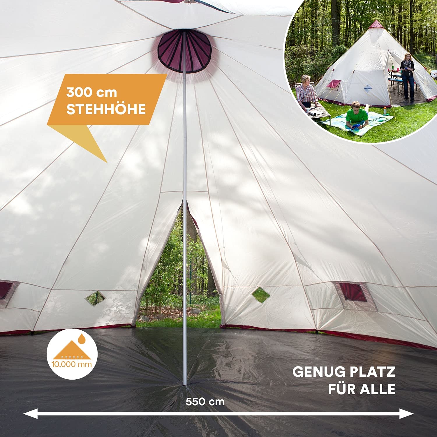 Skandika Tente Tipi Kota 550 | Tente de Camping, Tente pour 12 Personnes, avec/sans Tapis de Sol Cousu, Grande Tente Camping avec moustiquaire, 3 m de Hauteur, mât en Acier