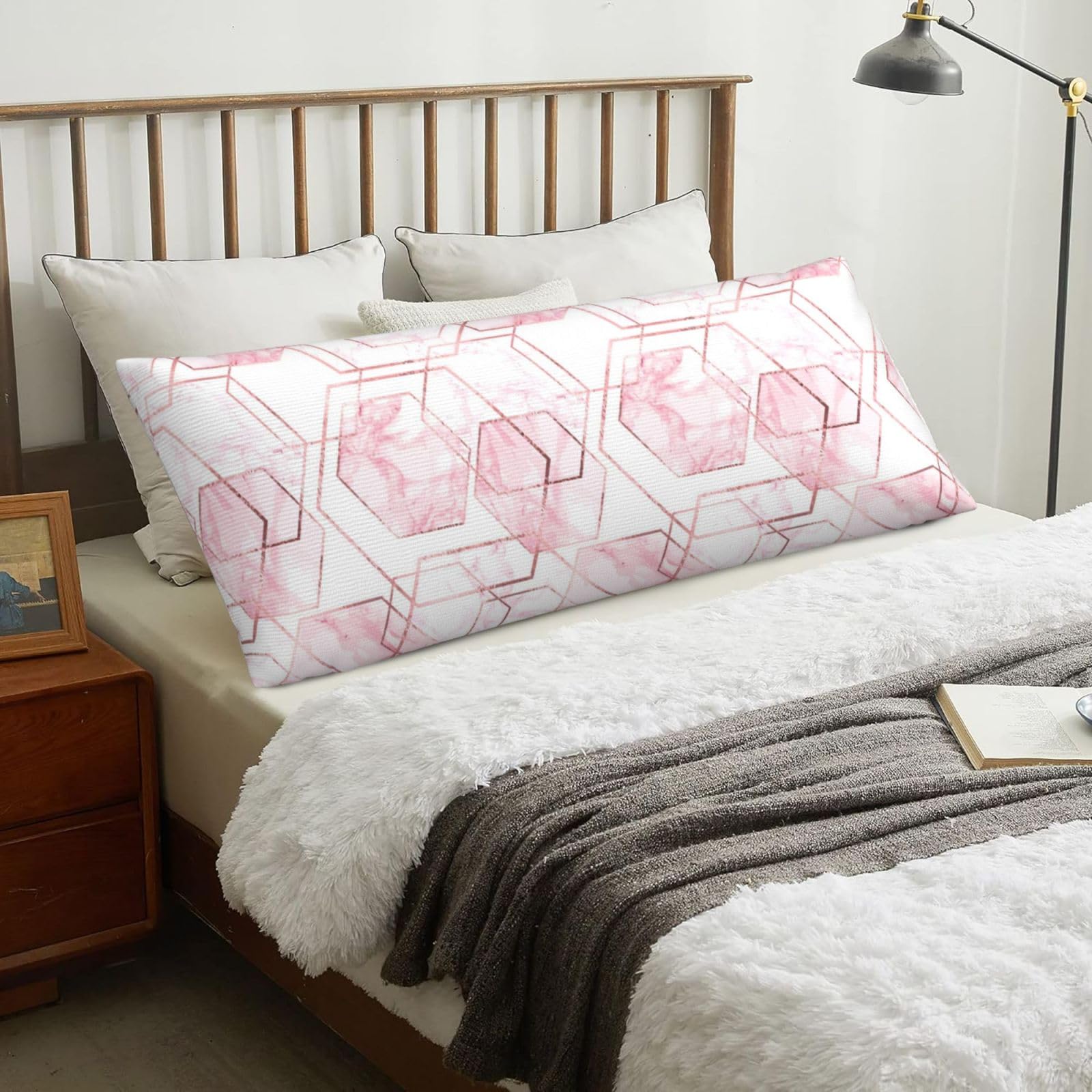 Seamless Geometric Pattern With Gold Glitter Lines And Rose Marble, Body Pillow Cover with Zipper,Long Body Pillowcase 20 x 60 in
