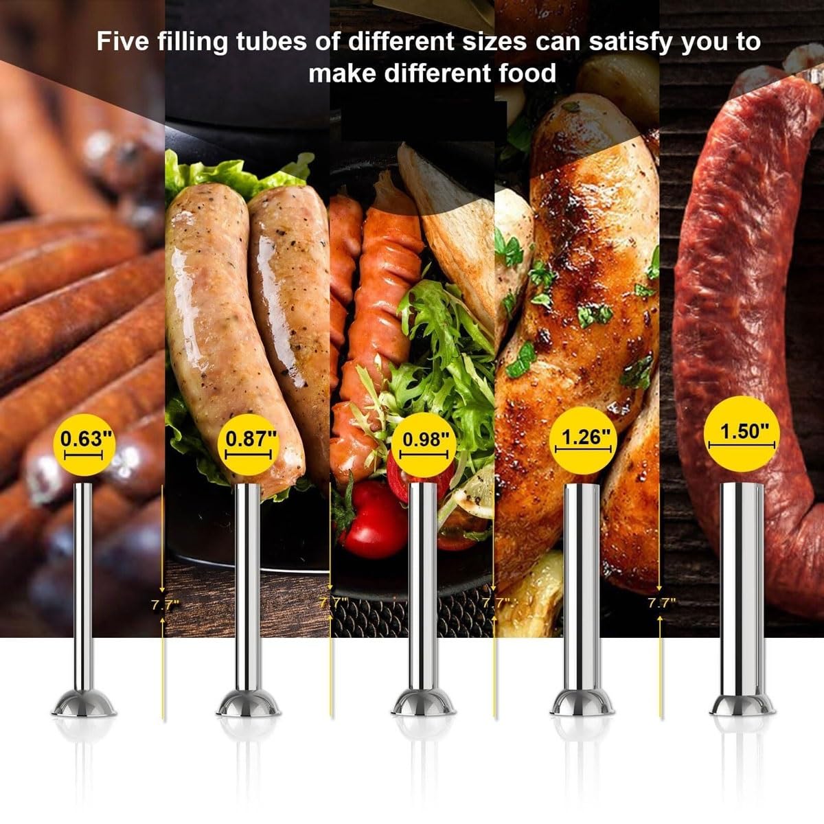 Relleno eléctrico de salchichas, máquina para hacer salchichas de acero inoxidable de 10/12/15L con velocidad ajustable y 5 tubos de relleno, máquina de llenado de carne de salchicha vertical 3