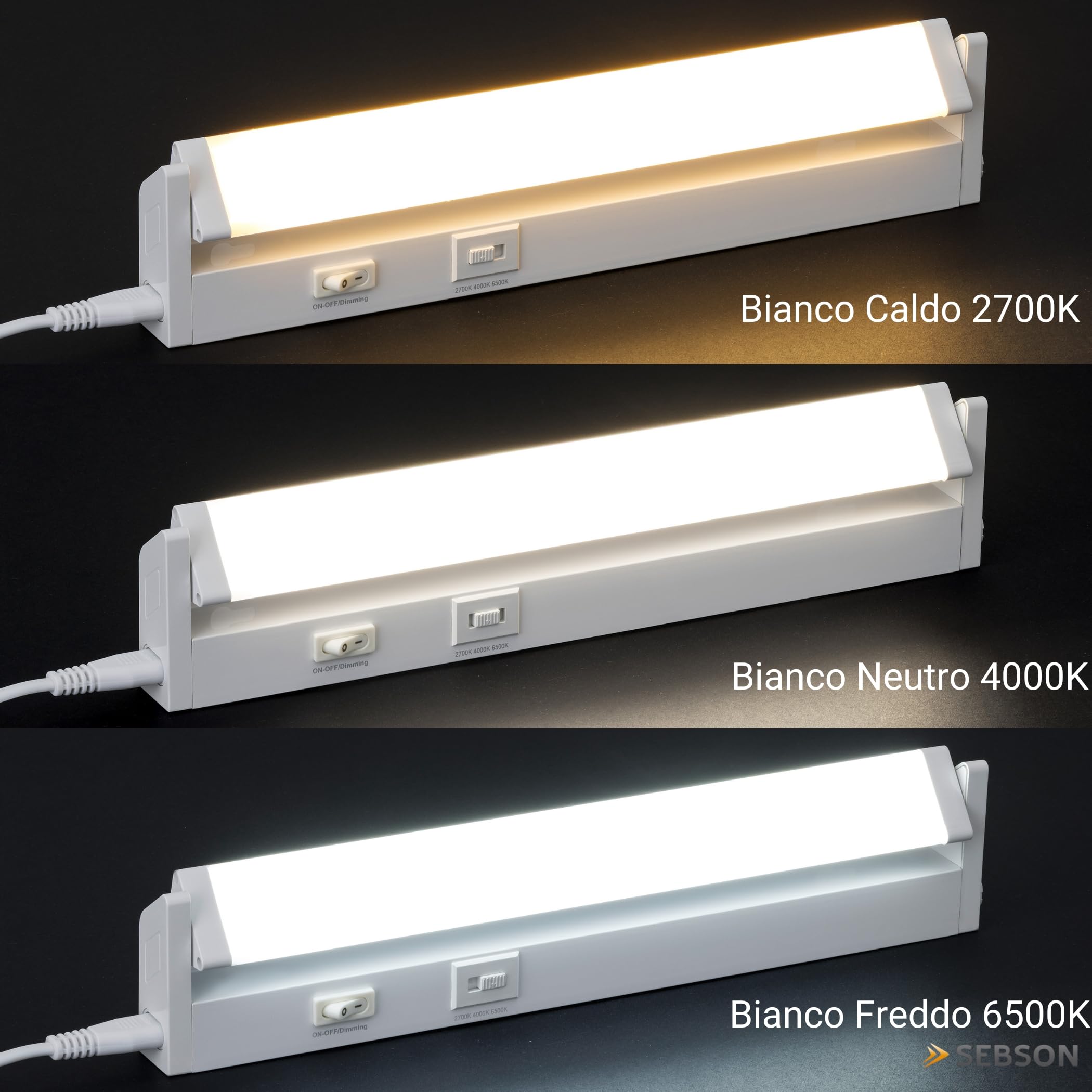SEBSON Lampada LED Sottopensile Cucina 110cm - 3 Colori 2700K/4000K/6500K | dimmerabile, orientabile - Interruttore e Spina 230V, Barra LED Collegabile