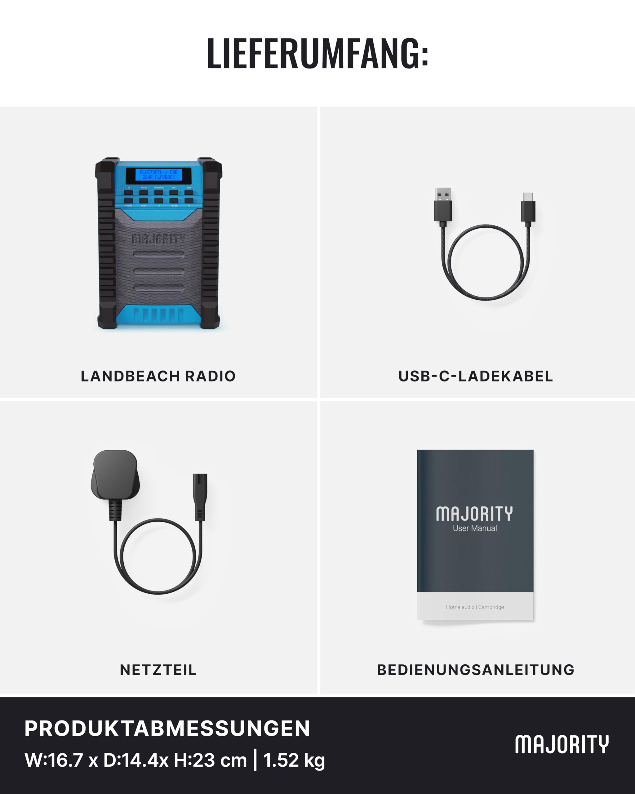 MAJORITY Landbeach Baustellenradio | DAB Radio mit Bluetooth für Baustelle | 10.000mAh Akku & USB-Powerbank | 28 Stunden Akkulaufzeit | IP54 Staub- und Wasserdicht DAB Plus & UKW Radio mit Stromkabel