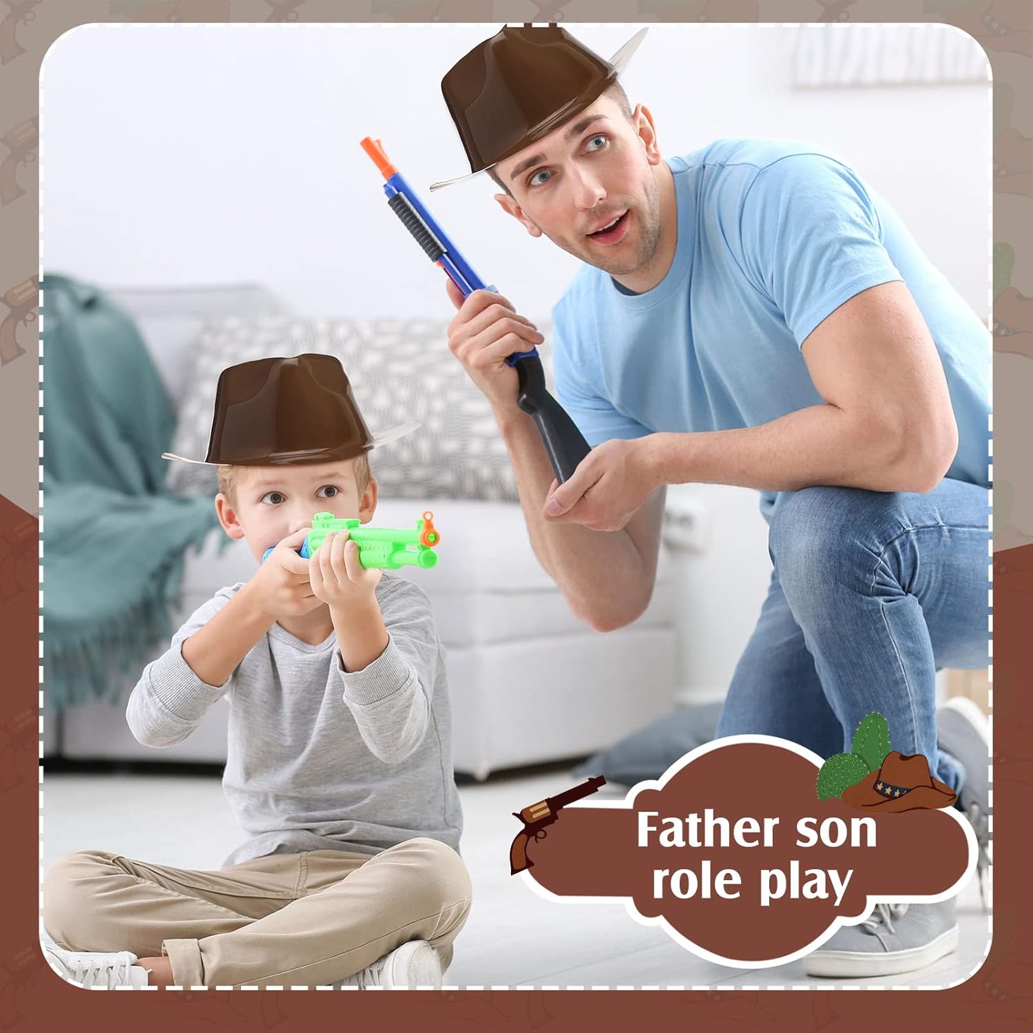 SATINIOR 24 Pcs Plastic Cowboy Hats for Kids Set Western Party Favors with Cowboy Gift Bags Bulk Brown Baby Toddler Hats Decorations Candy Goodie Bags Birthday Rodeo Supplies