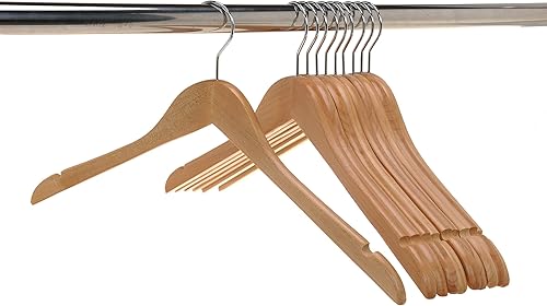 Miniatura 3 de Perchas de madera semicurvadas de calidad, paquete de 10 perchas de madera maciza con acabado liso con gancho giratorio, chaqueta, pantalón, perchas