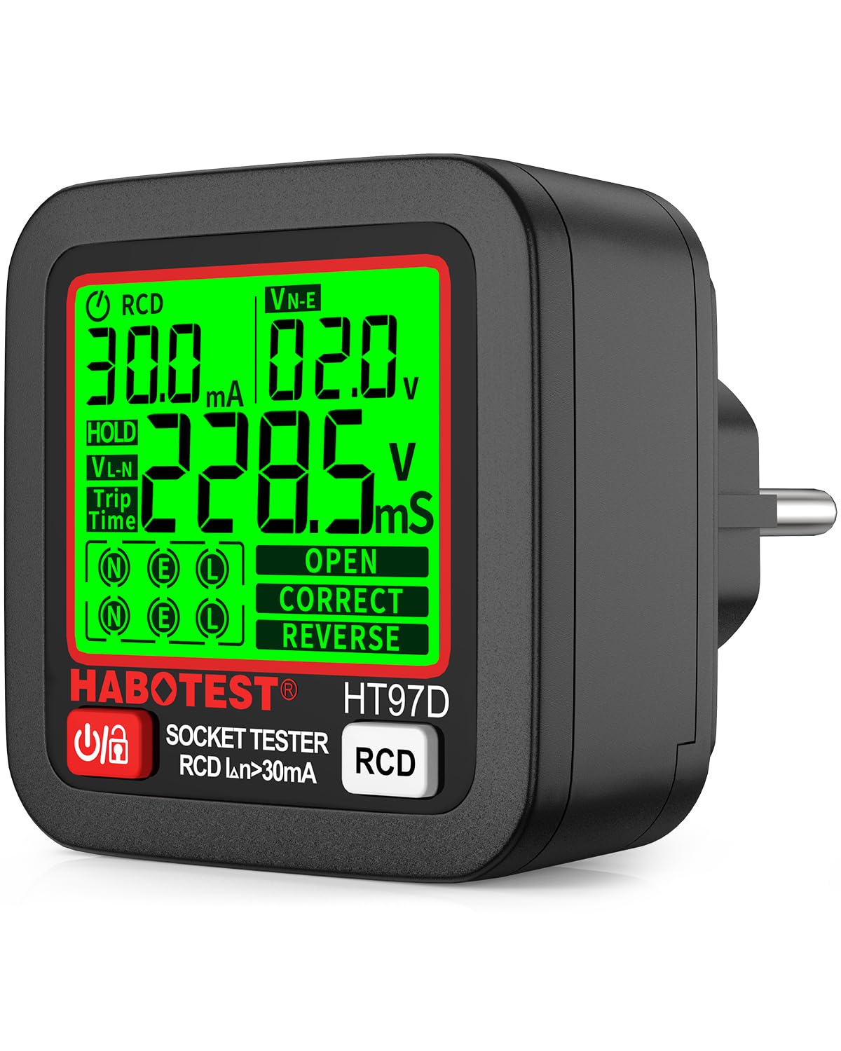 YOJOCK Tester de Prese, Tester per Circuiti Elettrici con Test RCD e Display LCD, 6 Tipi di Diagnosi di Errore, Indicatore di Tensione e Frequenza,30-260V/45-65Hz (EU Plug)