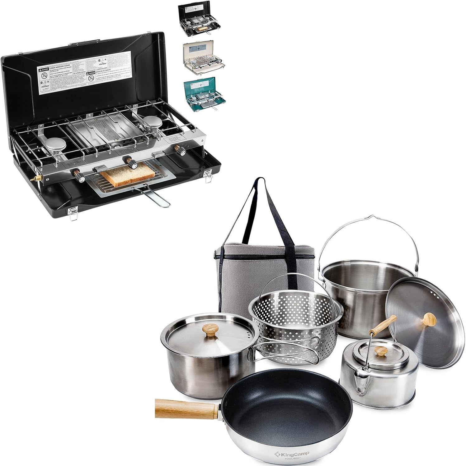 Camping Cookware Set, 304 Stainless Steel Campfire Cooking Pots Pan and Kettle with Camping Stove, 3 Burners Propane Portable Camp Stove with Regulator