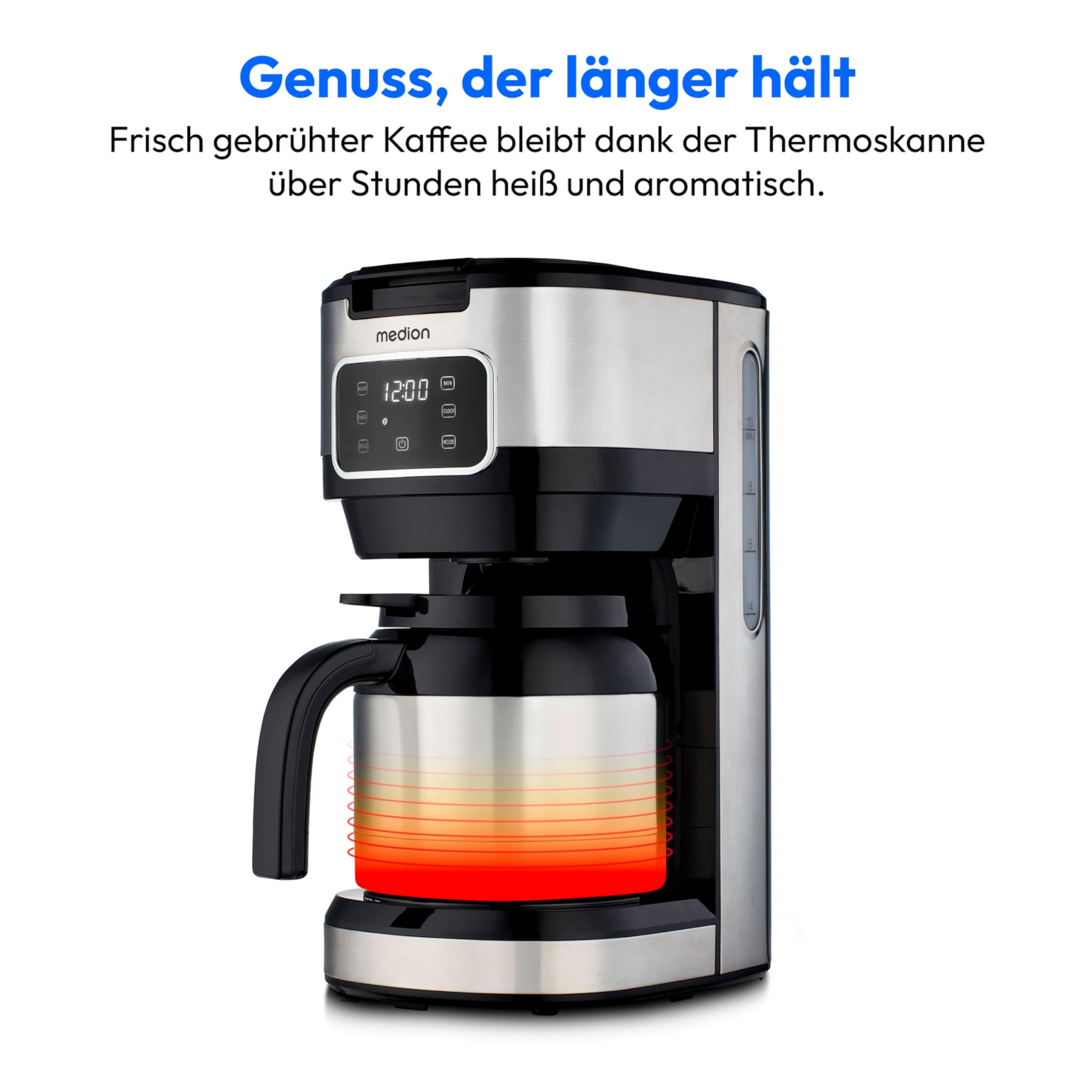 MEDION Kaffeemaschine mit Thermoskanne und Timer (Filtermaschine, 10 Tassen, 1,25 Liter, 900 Watt, Timer Zeitschaltuhr, Antitropf, Display, MD11019) edelstahl