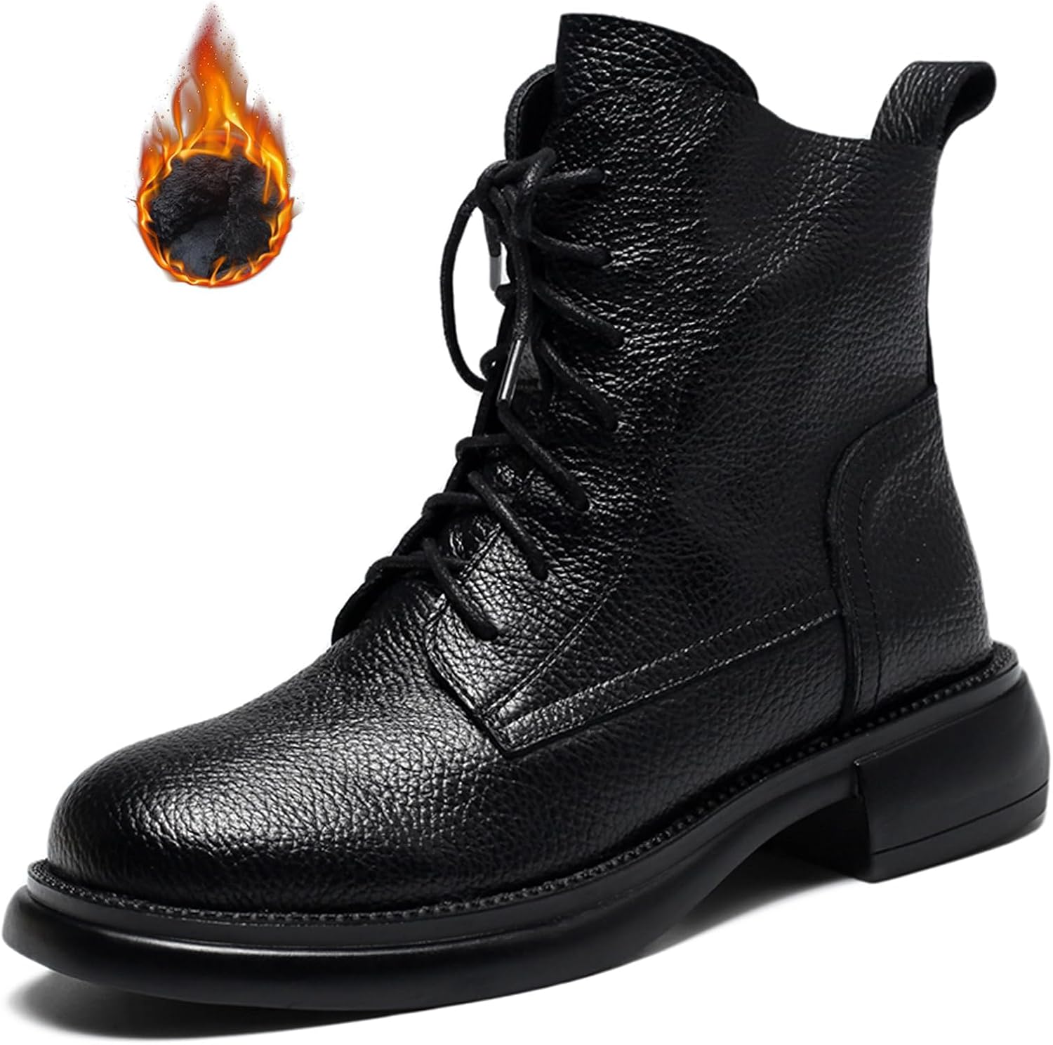 Optigard Women's Leather Lace-up Ankle Boots with Side Zipper Comfortable Round Toe Platform Low Block Heel Booties Combat Ankle Boots