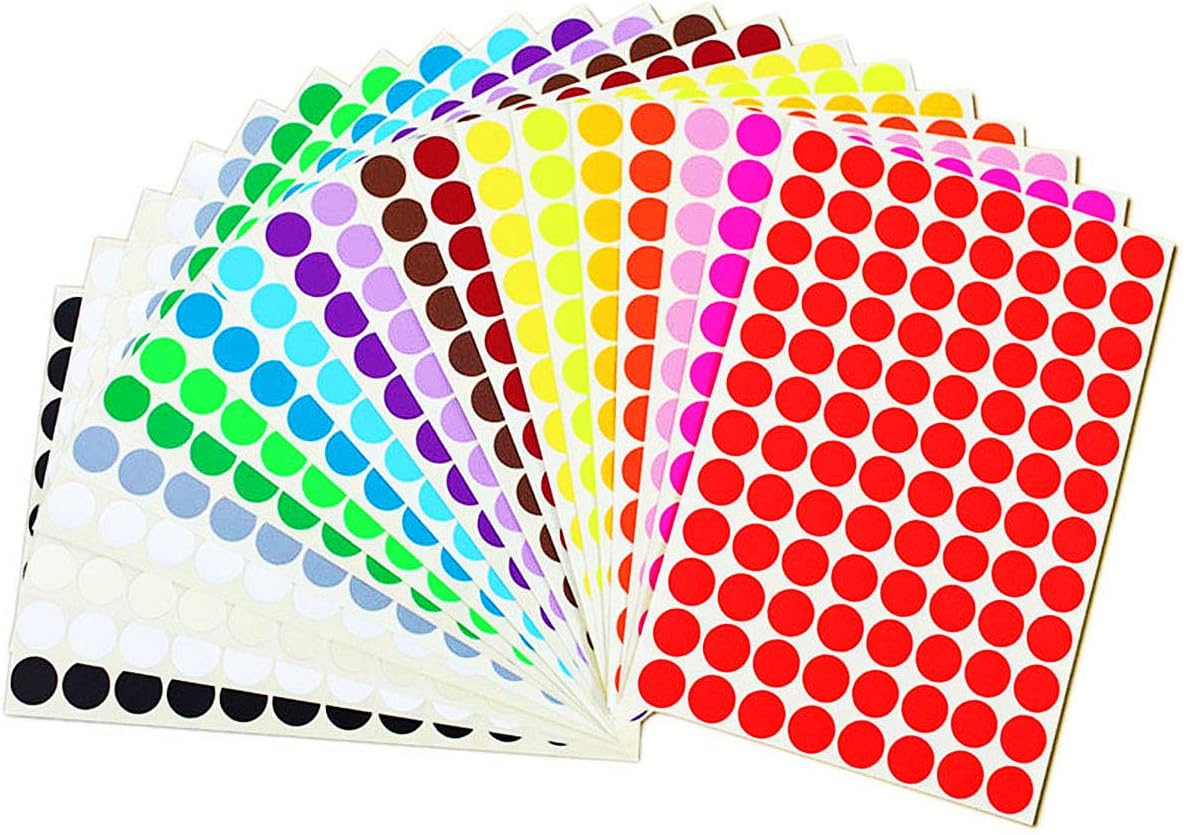 Dot Stickers, 1920pcs Circle Dot Label 20 Colors Style Self Adhesive Coding Stickers Labels for Coloring, Marking, Classification, Organizing, 0.62inch, 20 Sheets