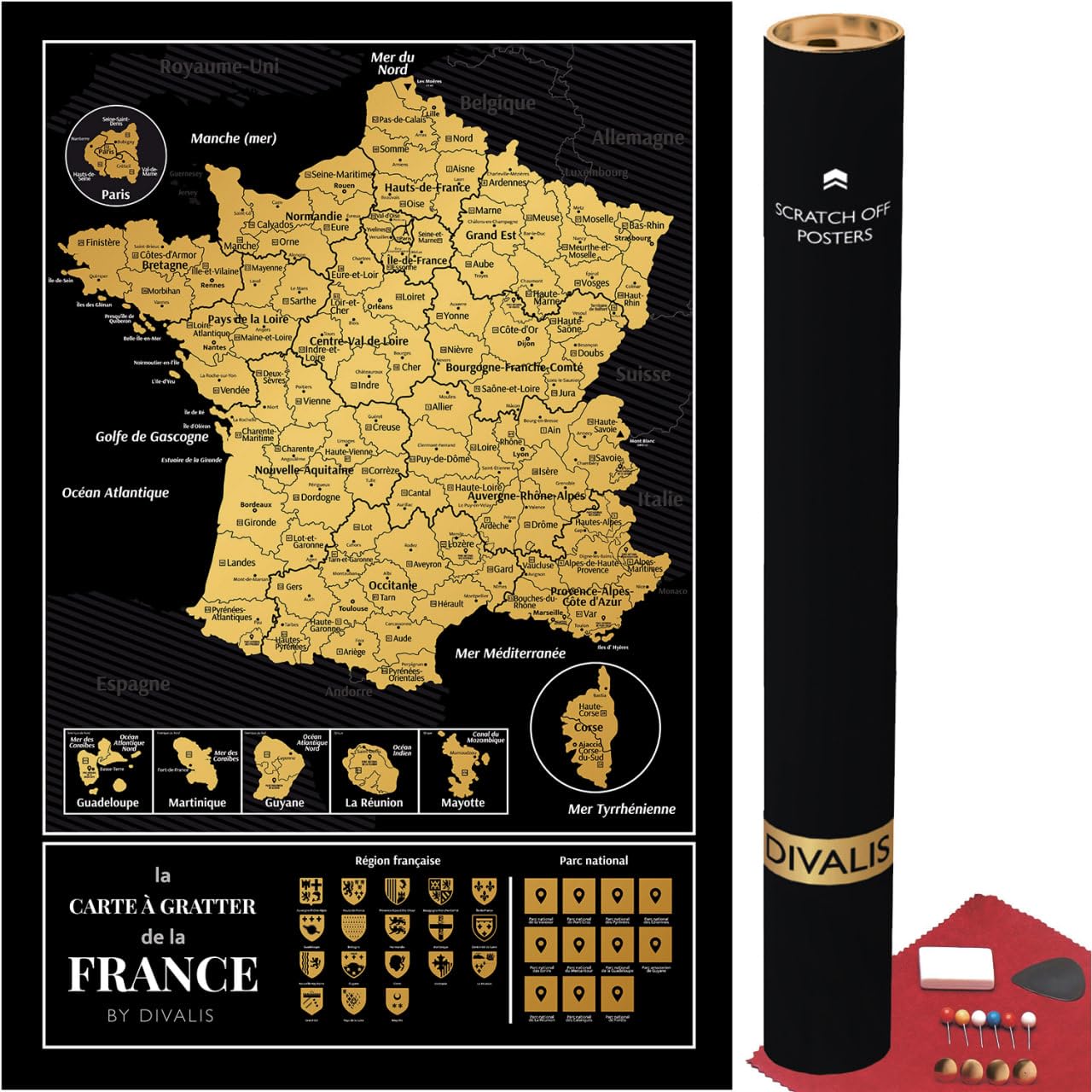 Divalis Carte à Gratter de la France avec Kit d'Accessoires - Poster à Gratter avec Départements - Carte de Voyage de la France - Scratch off Map - Scratchable Poster