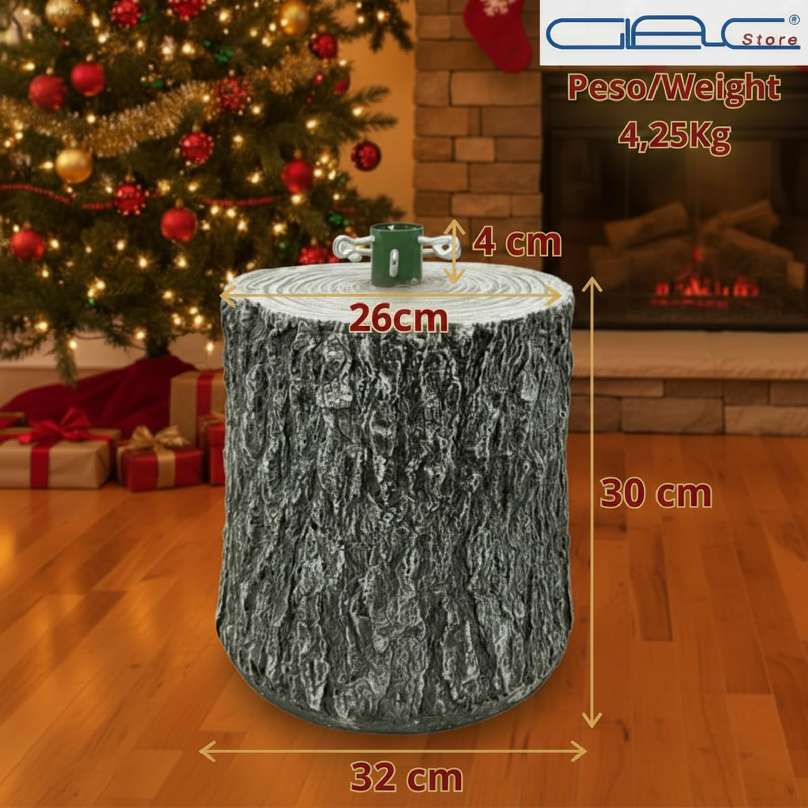 Base Tronco per Albero di Natale, Grigio Effetto Legno, 34x26x30 cm, Supporto Robusto con Design Rustico, capacità 4,25 kg, Montaggio Facile, per Alberi Fino a 240 cm