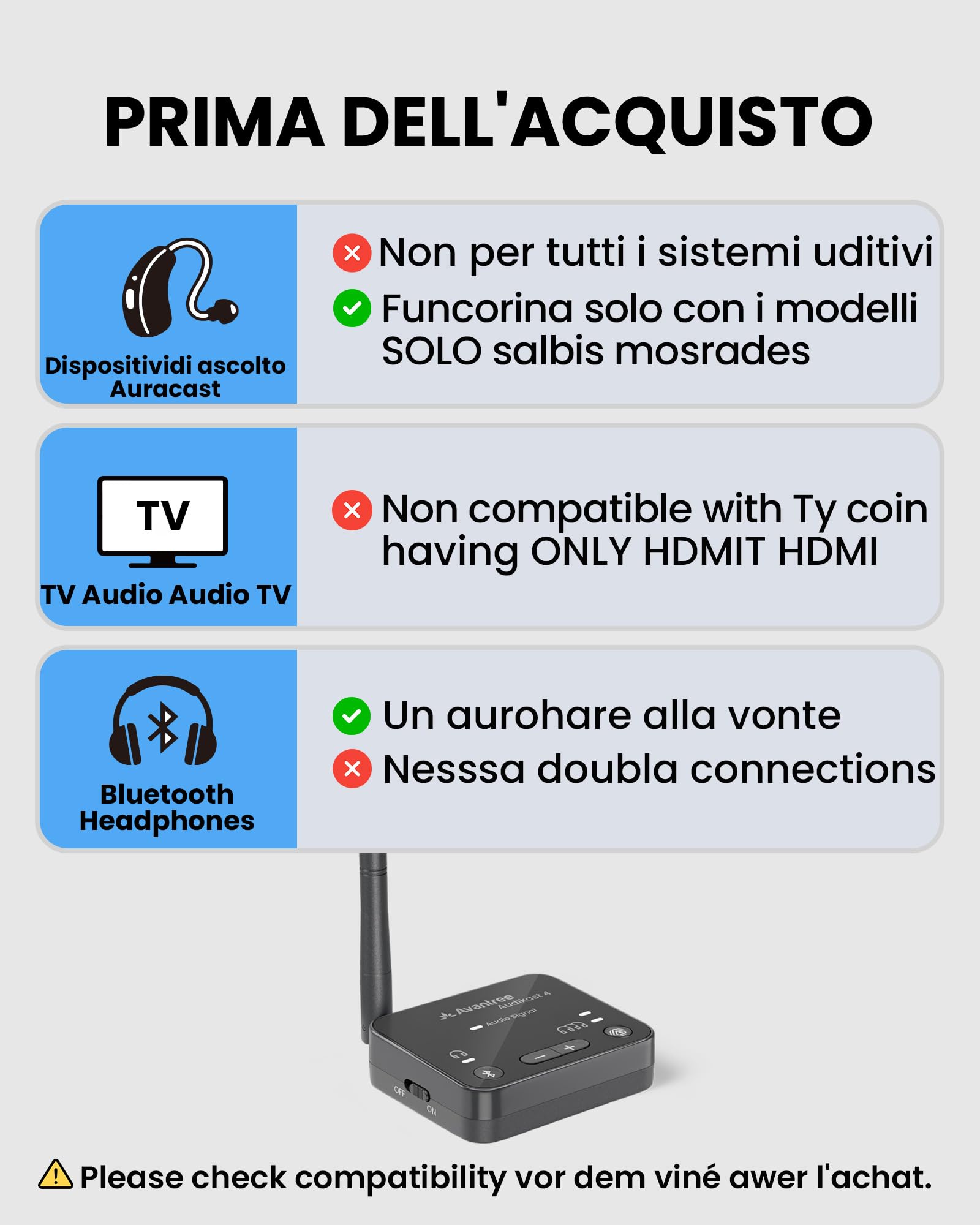Avantree Audikast 4 – Trasmettitore TV Auracast & Bluetooth 5.4 2-in-1 per Cuffie e Dispositivi Personali Di Ascolto Selezionati, AptX Adaptive & HD, Uscita Ottica & AUX, Compatibile e Aggiornabile
