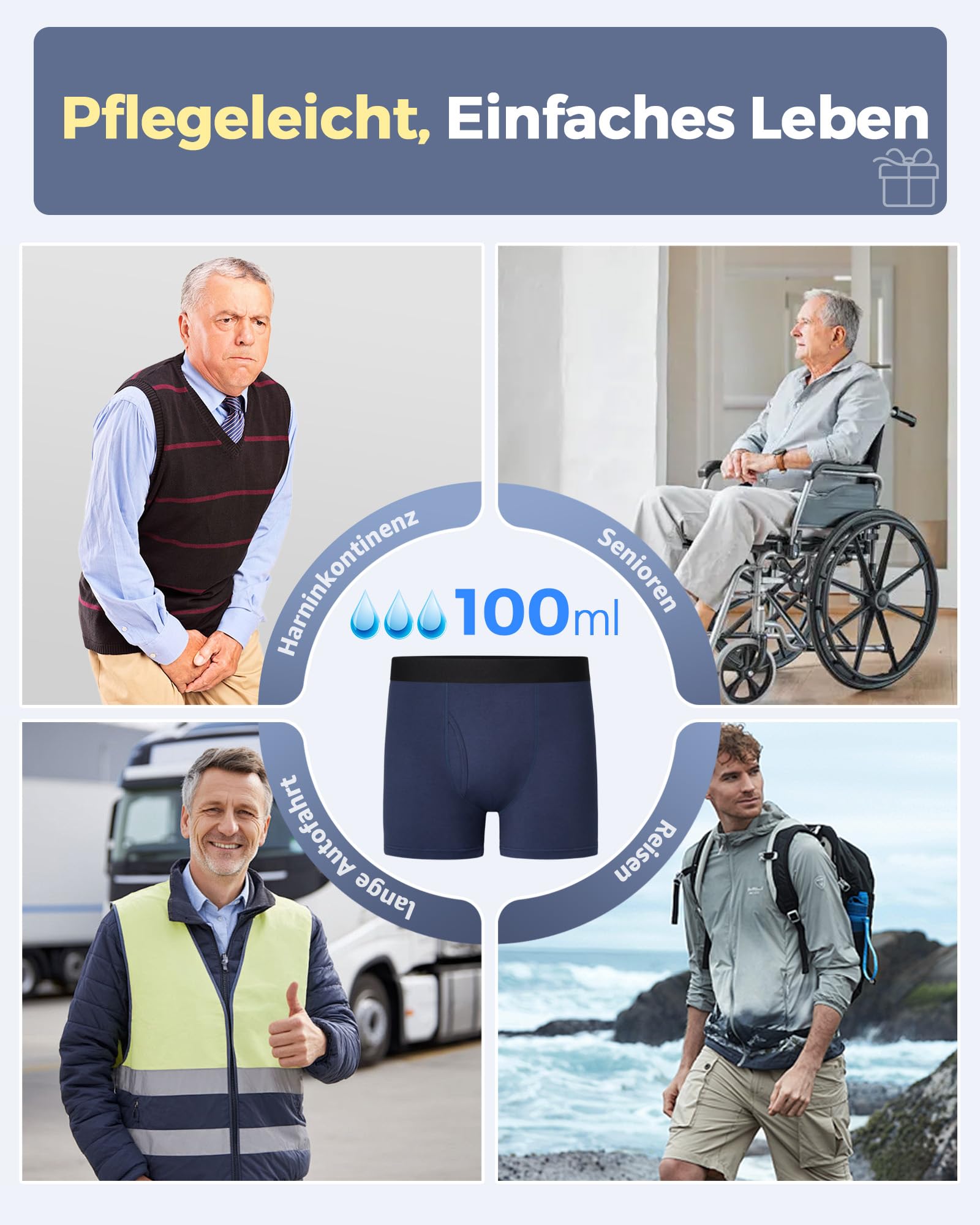 POPKOK Inkontinenz Pants Männer aus Baumwolle Waschbare Herren Boxershorts Wiederverwendbare Auslaufsichere Unterhosen 4er Pack