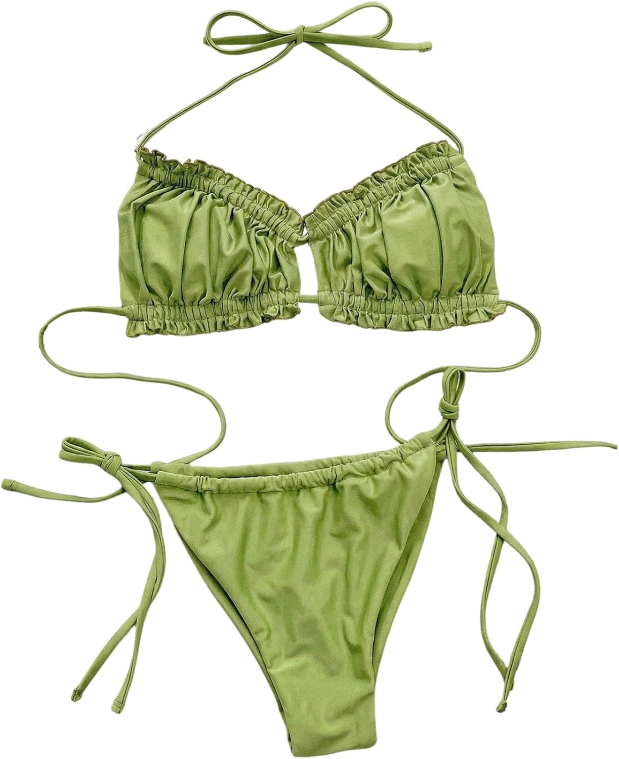 SHENHE Women's String Bikini Set Ruched Halter Ruffle Trim Side Tie Thong Swimsuits 2 Piece
