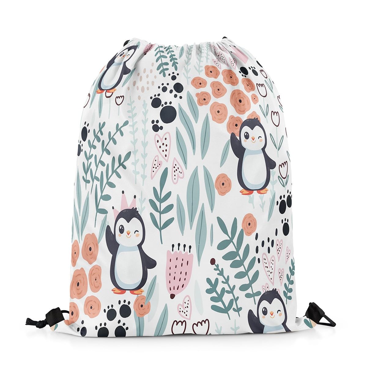 Homewish Cute Penguin Draw String Back Bag,Cartoon Antarctic Animal Cinch Bag,Green Botanical Flower Leaves Drawstring Bags Spring Summer Decor 33 x 40 cm,Animal Plant theme Drawstring Backpack