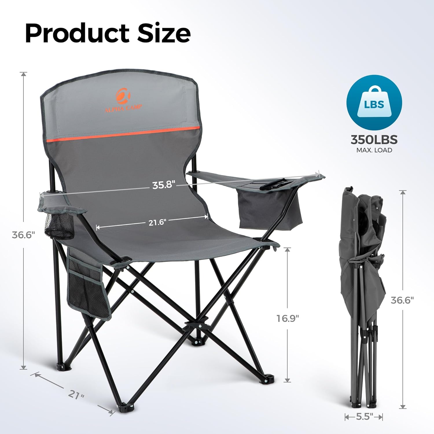 ALPHA CAMP Camping Chairs 350LBS Capacity, Heavy Duty Folding Chair with 4-Can Cooler Bag, Portable Outdoor Chair with Cup Holder for Adults, Collapsible for Tailgating, Beach, Fishing,Black,2PC