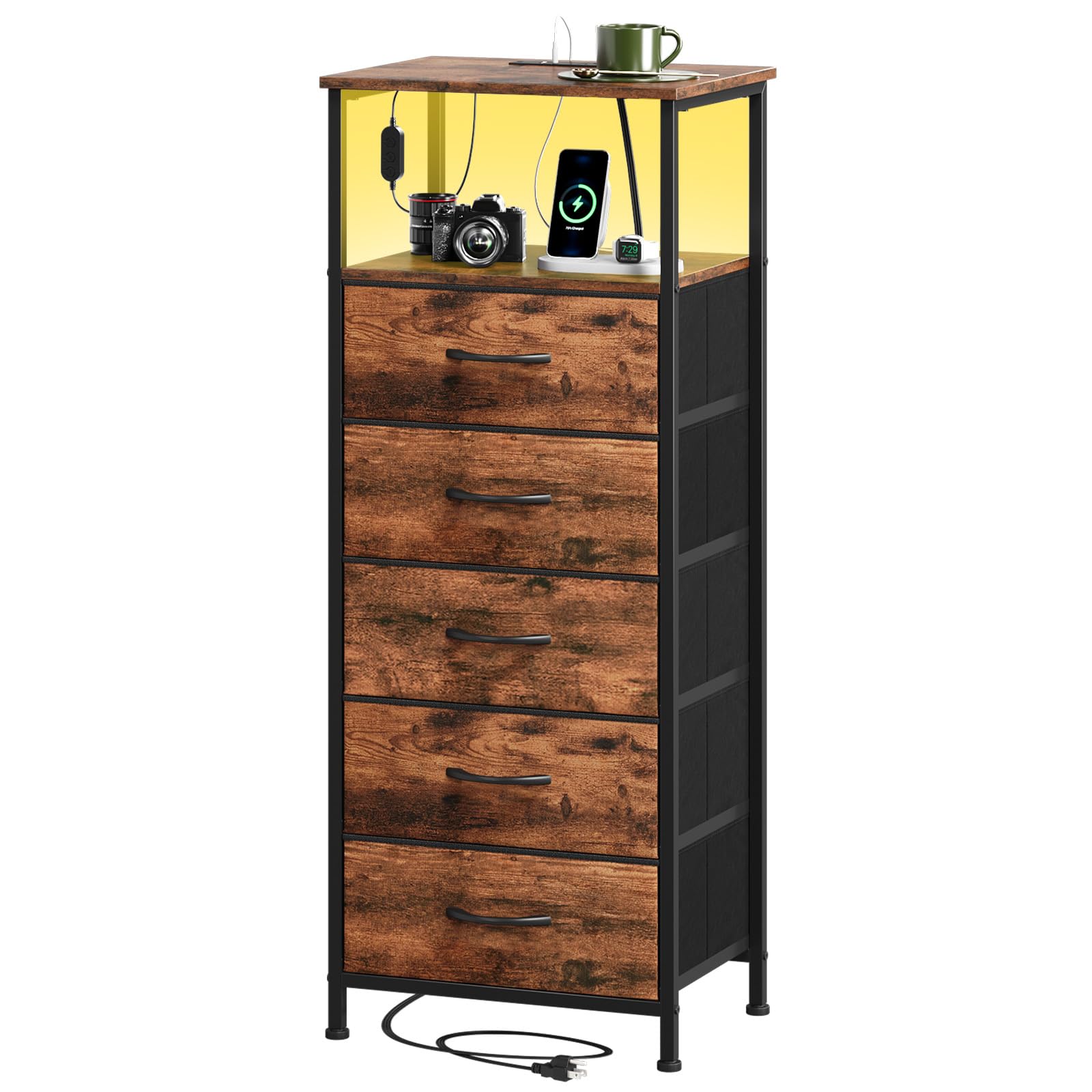 Somdot Tall Nightstand with Charging Station and LED Light for Bedroom, 5 Drawers Dresser with Fabric Bins for Bedside Kids Dorm Room Closet Laundry