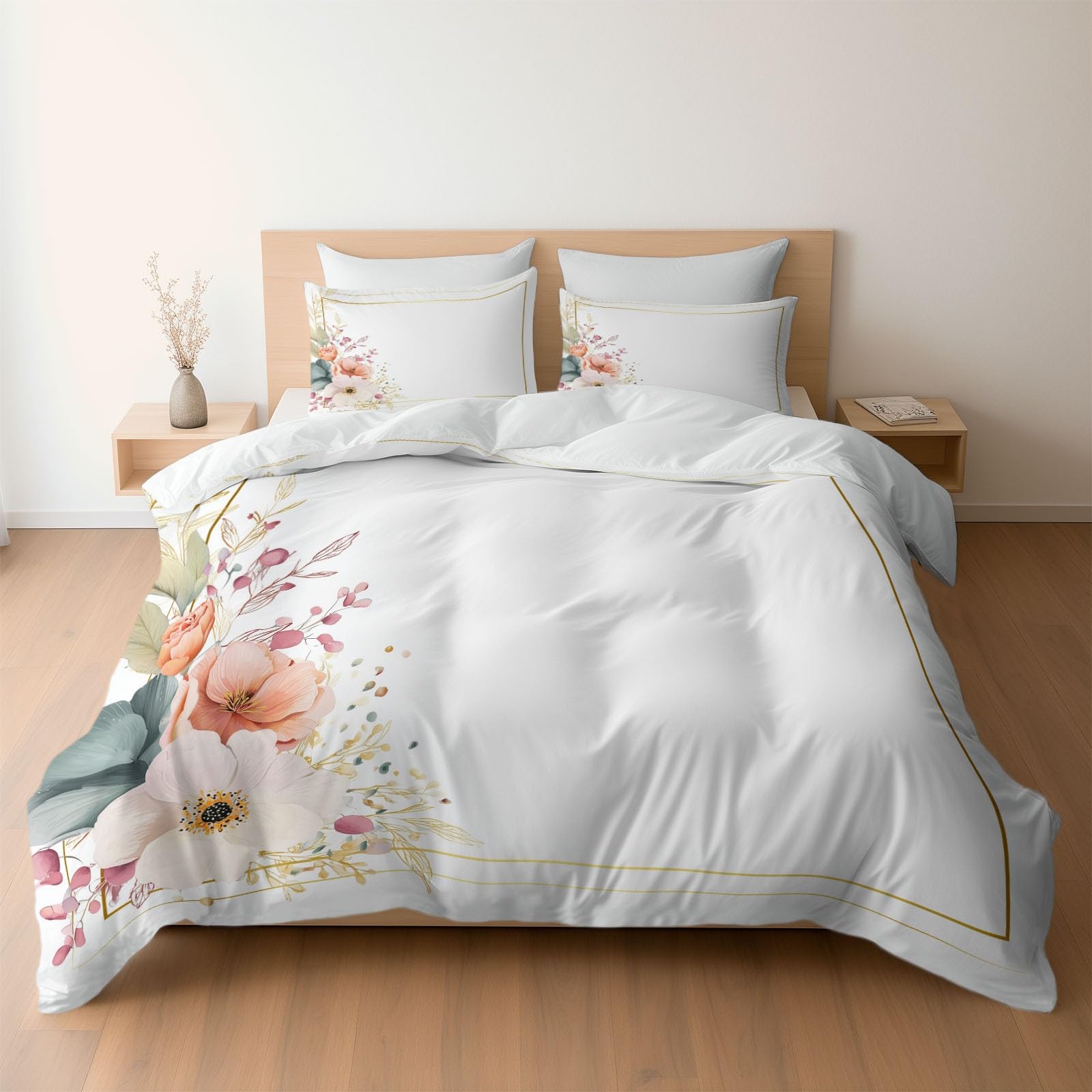 Housse de couette en microfibre douce 240 x 220 cm motif aquarelle florale réversible 3 pièces