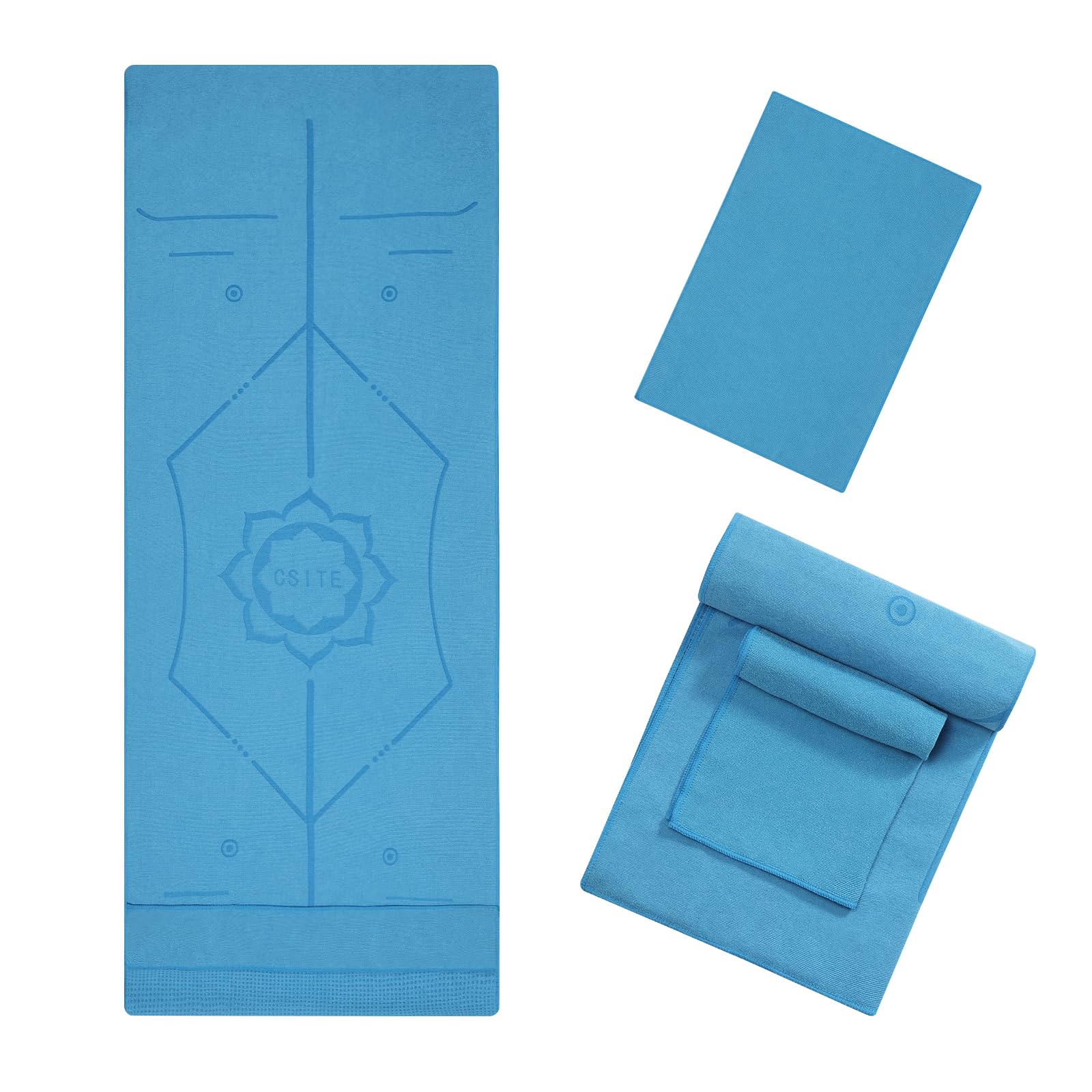 CSITE Toalla para esterilla de yoga con puntos de agarre de silicona y diseño rectangular, toalla antideslizante con línea de alineación + 1 toalla de mano, 72 x 24 pulgadas, azul oscuro
